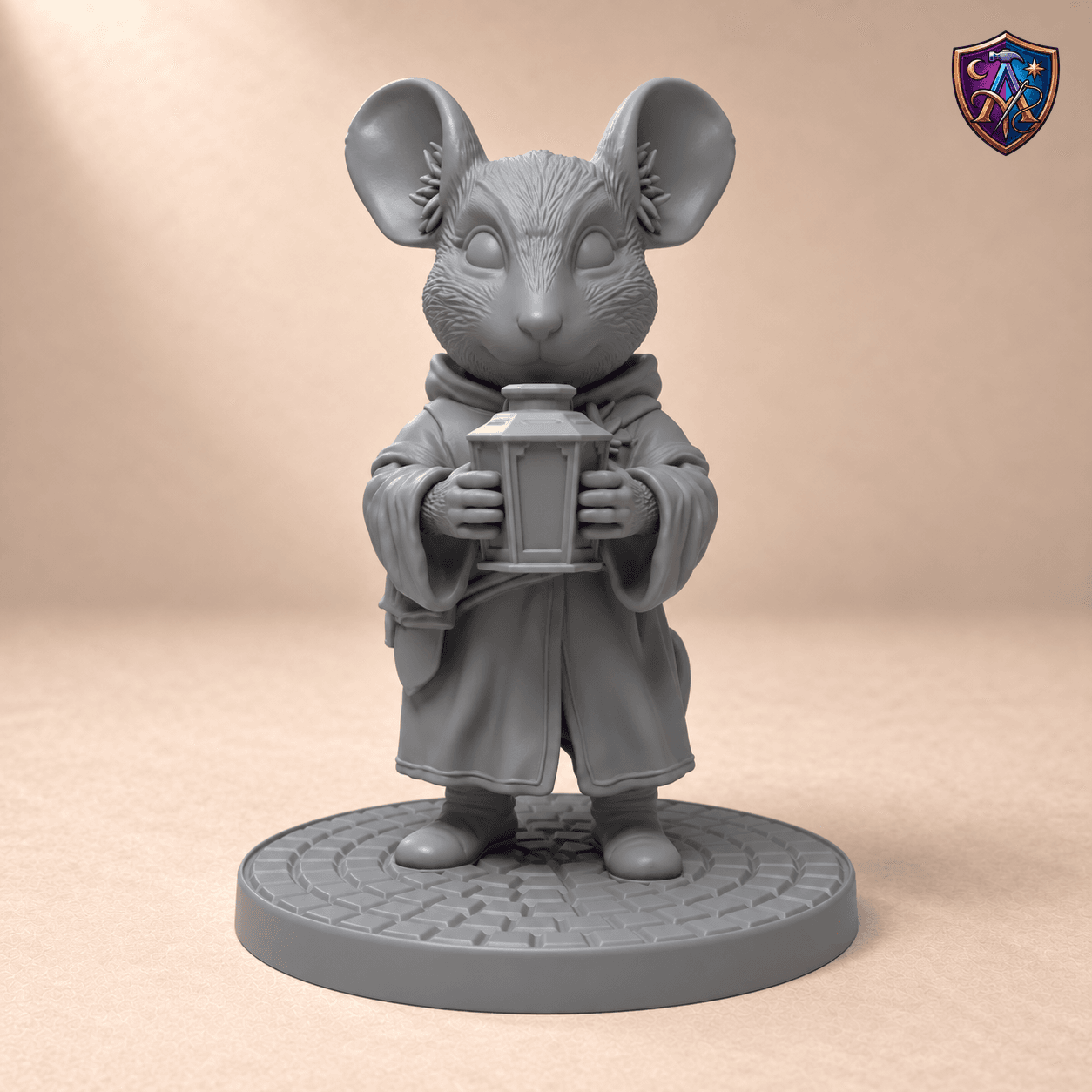 Digitaler Produkt-Render (1 von 2) von Maus-Magier mit Laterne und Kapuzenrobe in unbemaltem Dunkelgrau.
