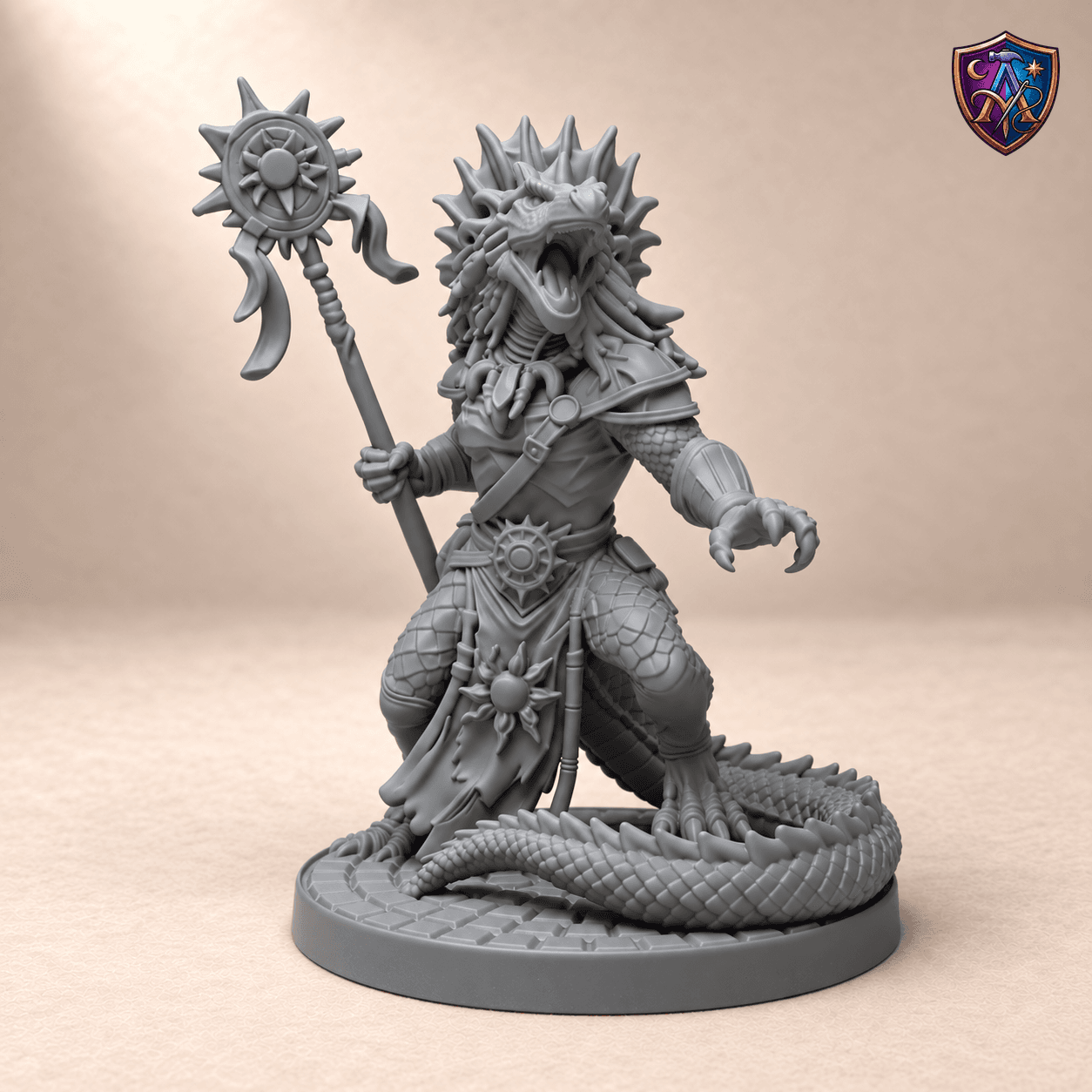 Digitaler Produkt-Render (1 von 2) von Dragonborn-Druide mit Sonnenstab in unbemaltem Dunkelgrau.