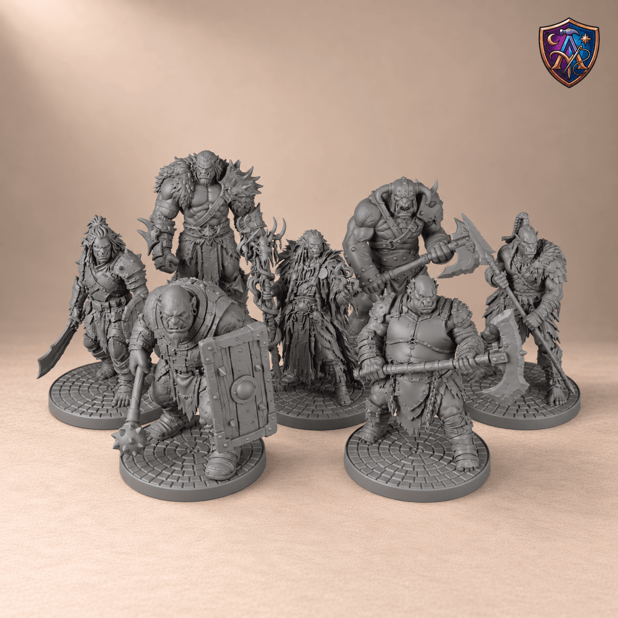 Digitaler Produkt-Render (1 von 5) von Ork-Kriegstrupp mit Druiden und Kriegsherrn in unbemaltem Dunkelgrau.