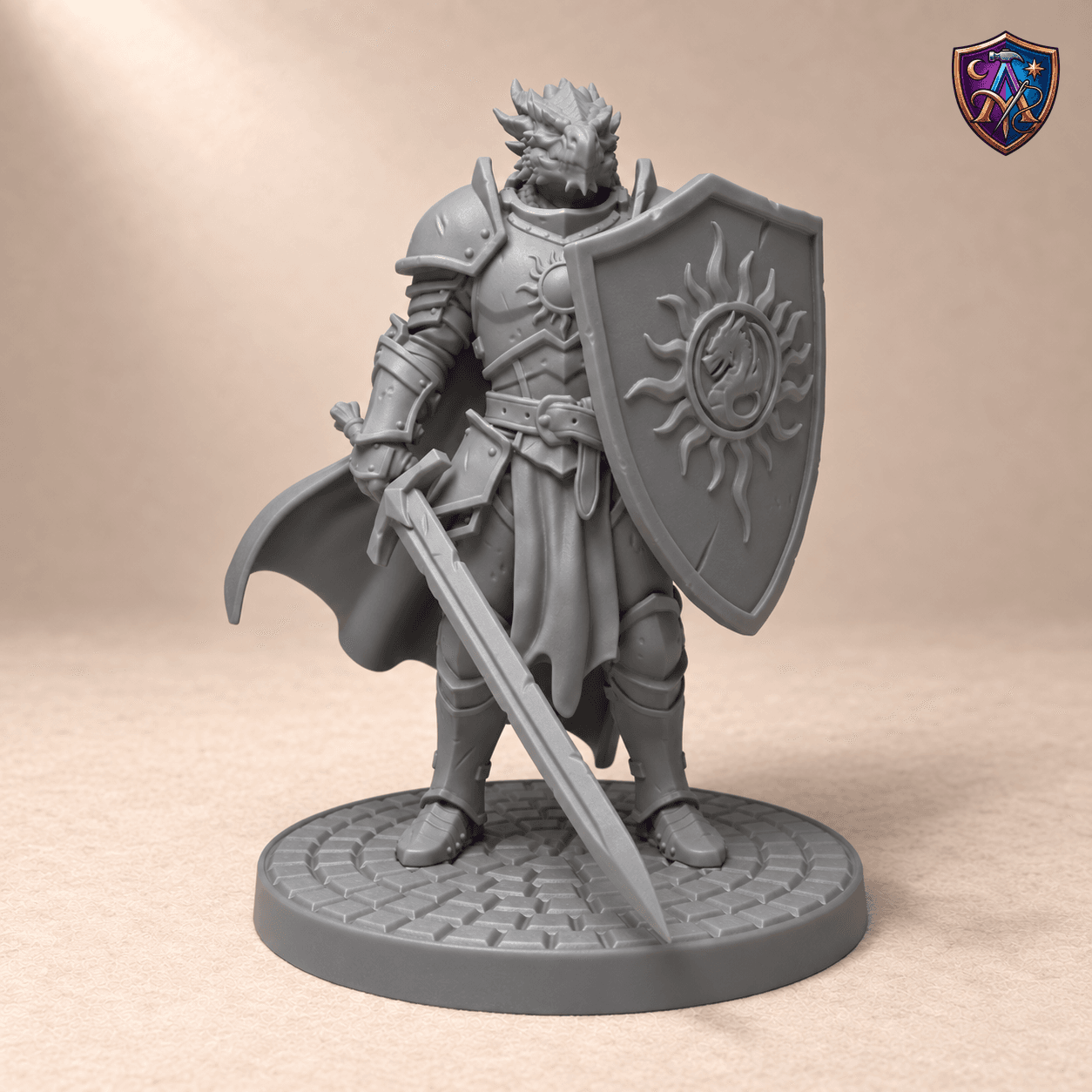 Digitaler Produkt-Render (1 von 2) von Dragonborn-Paladin mit Schwert und Sonnenschild in unbemaltem Dunkelgrau.