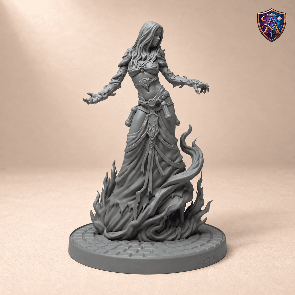 Digitaler Produkt-Render (1 von 2) von Mensch-Magierin mit ausgebreiteten Armen und Flammen in unbemaltem Dunkelgrau.