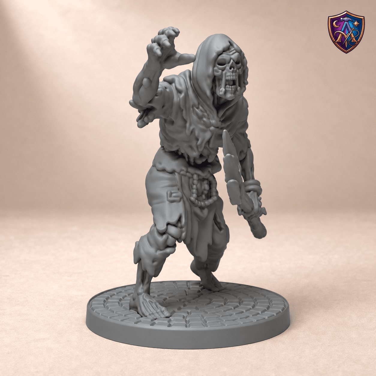 Produktansicht (1 von 4) / Product view von Zombie-Bauer mit Mistgabel und Kapuze; die Resin-Miniatur wird unbemalt geliefert / the resin miniature is supplied unpainted.