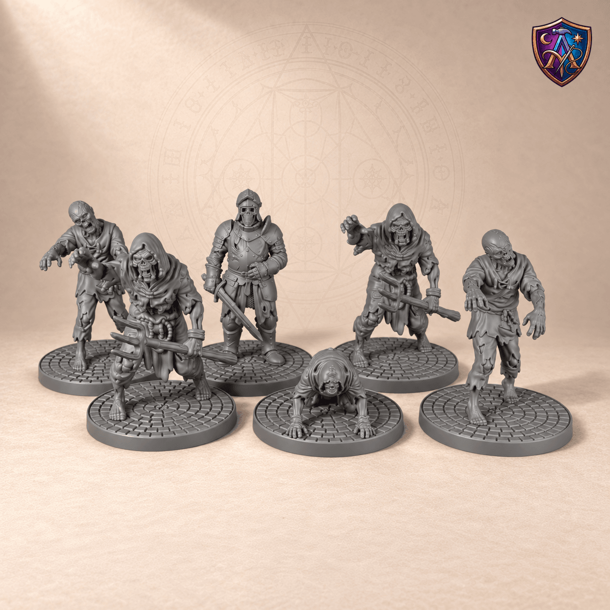 Digitaler Produkt-Render (1 von 5) von Zombie-Horde mit Kriecher und Ritter in unbemaltem Dunkelgrau.