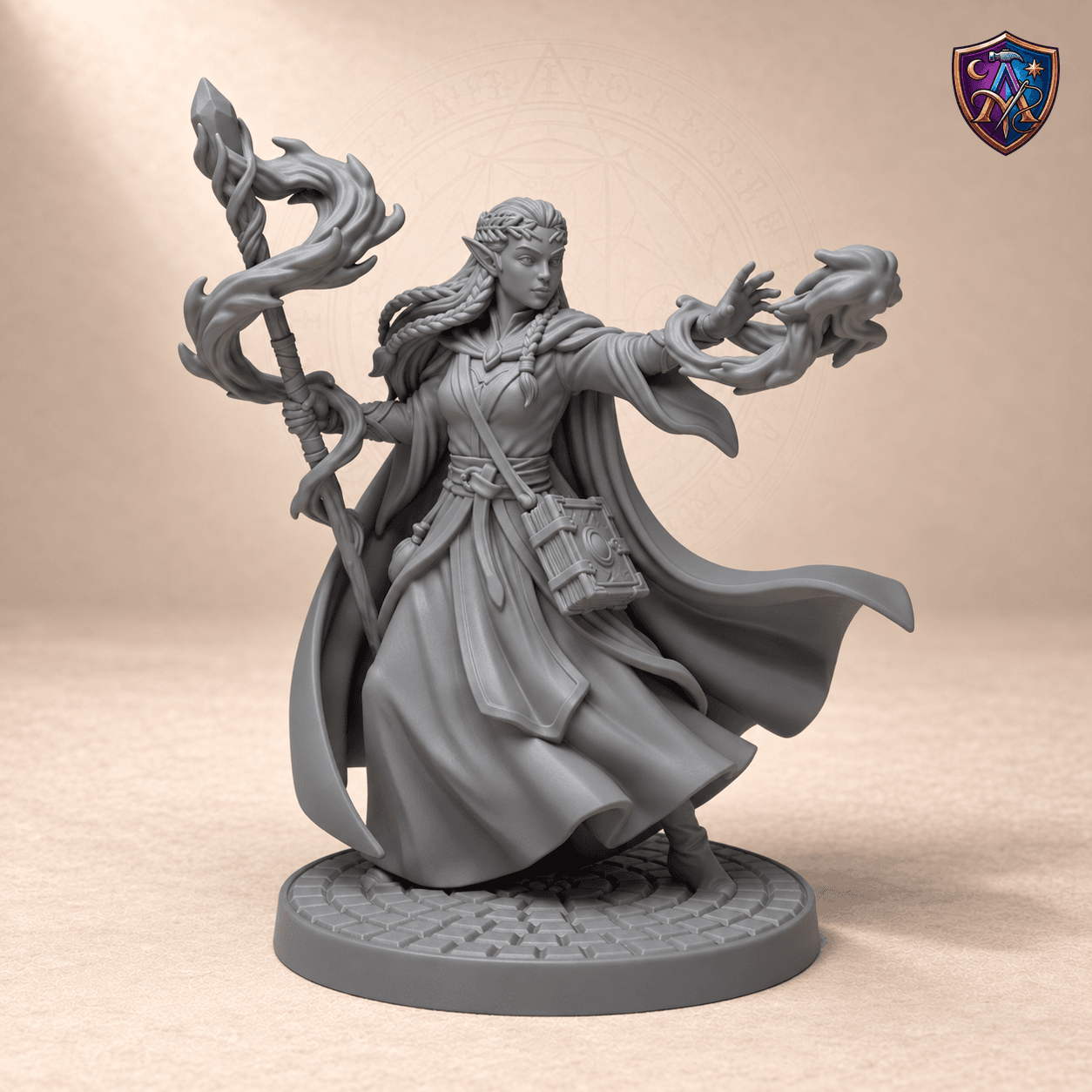 Digitaler Produkt-Render (1 von 2) von Elf-Magierin mit Kristallstab und Zauberbuch in unbemaltem Dunkelgrau.