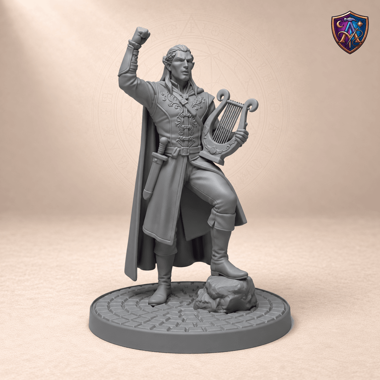 Digitaler Produkt-Render (1 von 2) von Elf-Barde mit Leier und erhobener Faust in unbemaltem Dunkelgrau.