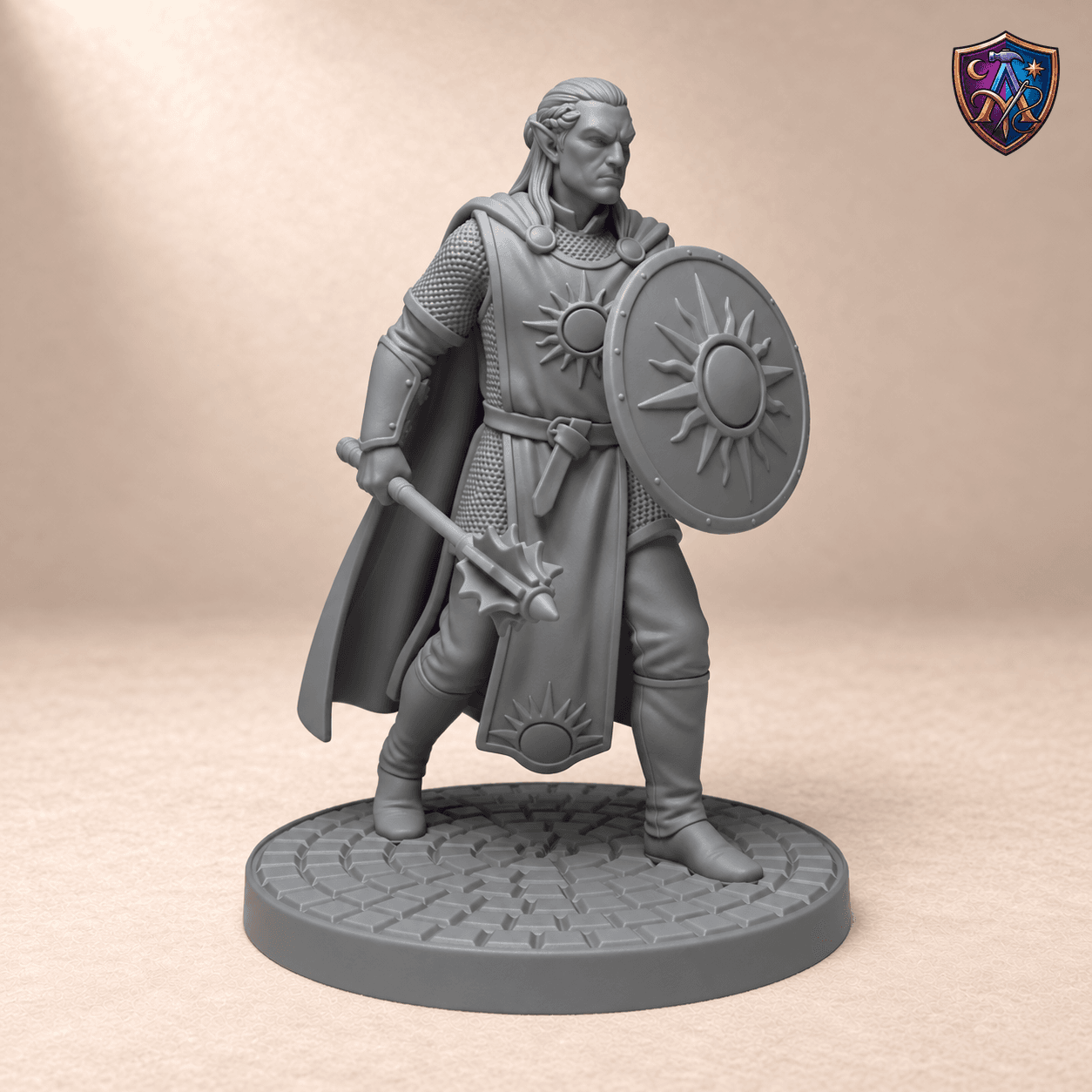 Digital product render of Elf Cleric with Flanged Mace and Sun Shield – Unpainted Resin Miniature, 32/54/75 mm Scale in unpainted grey