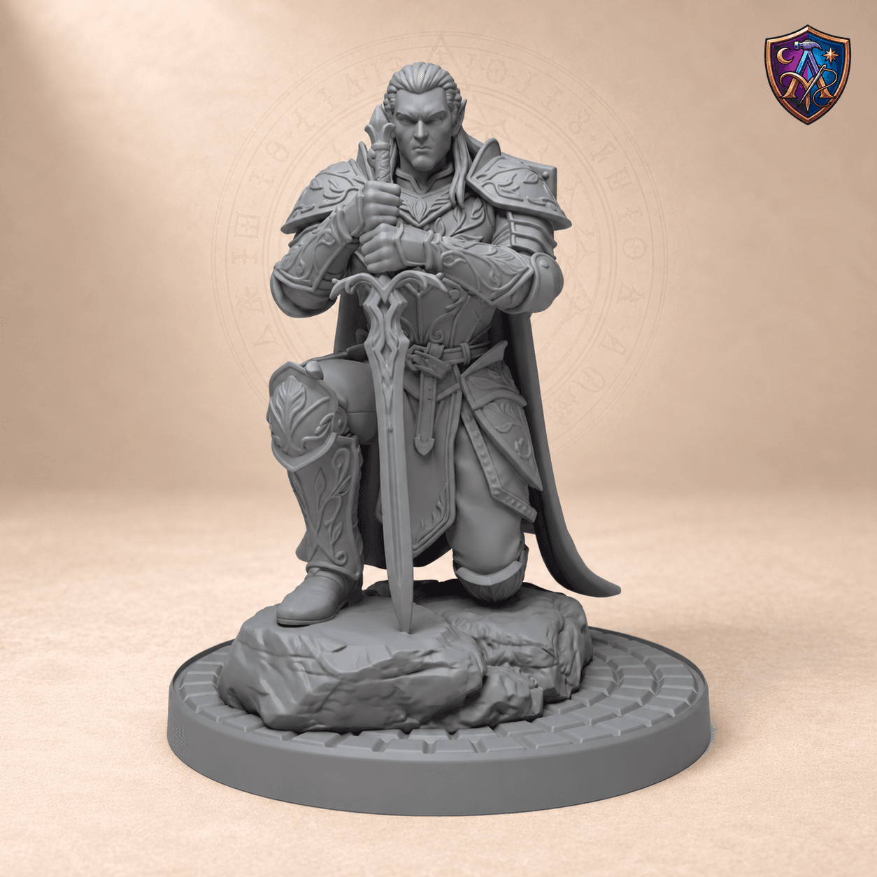 Digitaler Produkt-Render (1 von 2) von Elf-Paladin kniend mit Schwert und Schild in unbemaltem Dunkelgrau.