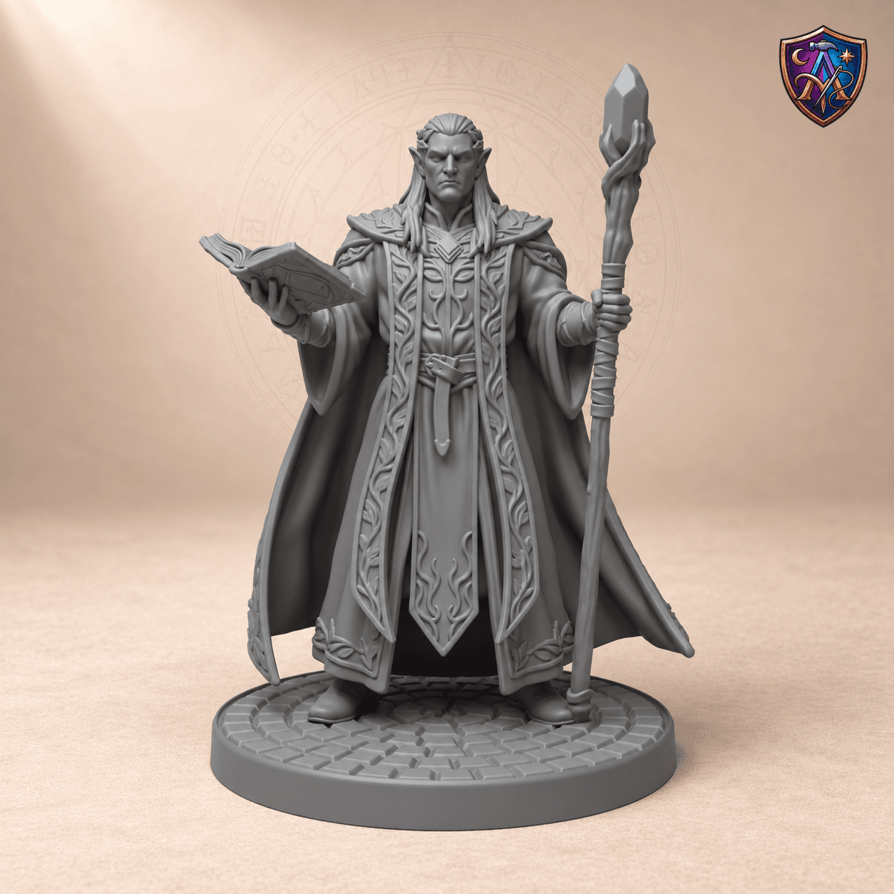 Digital product render of Elf Mage with Crystal Staff and Open Spellbook – Unpainted Resin Miniature, 32/54/75 mm Scale in unpainted grey