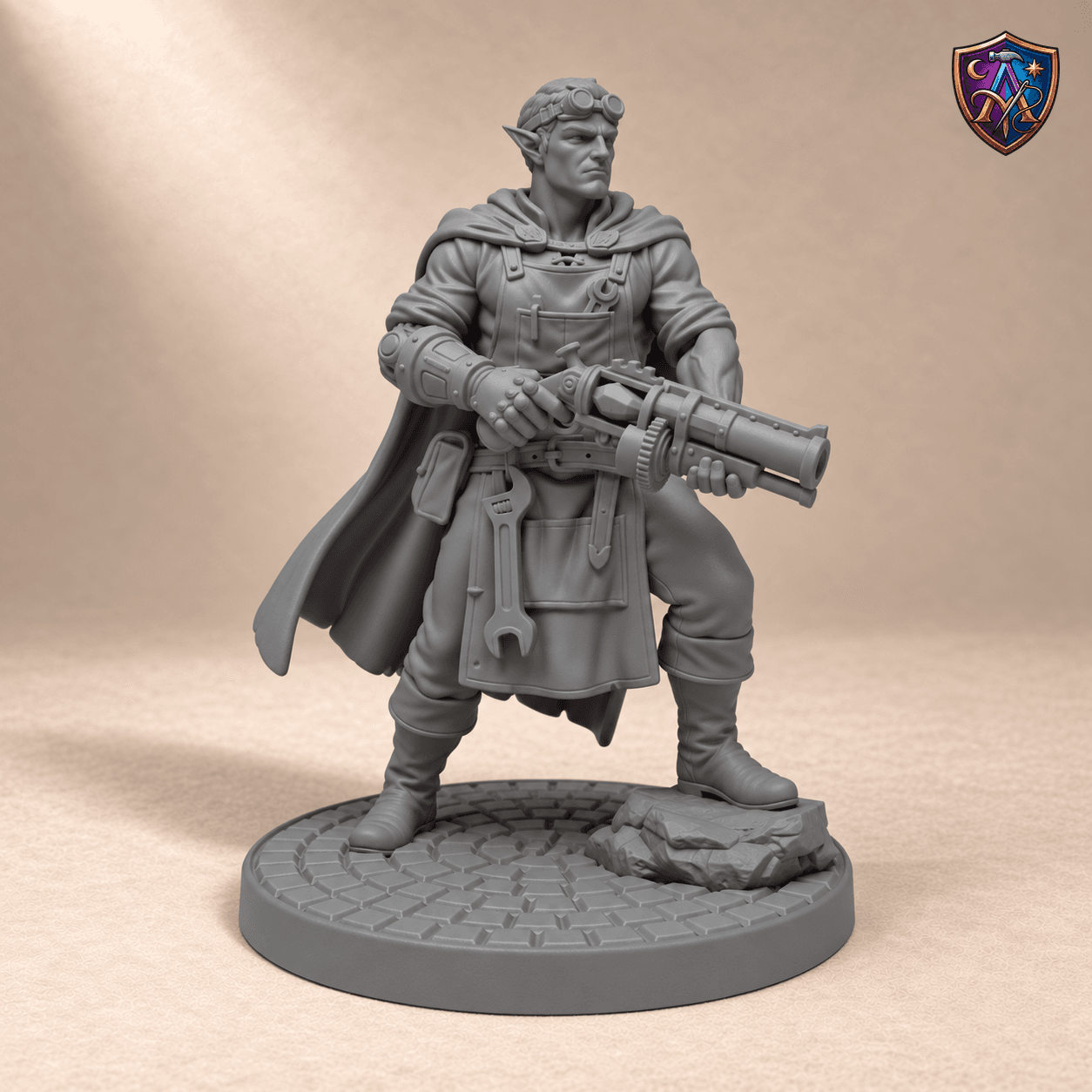 Digitaler Produkt-Render (1 von 2) von Elf-Erfinder mit Zahnradgewehr und Schutzbrille in unbemaltem Dunkelgrau.