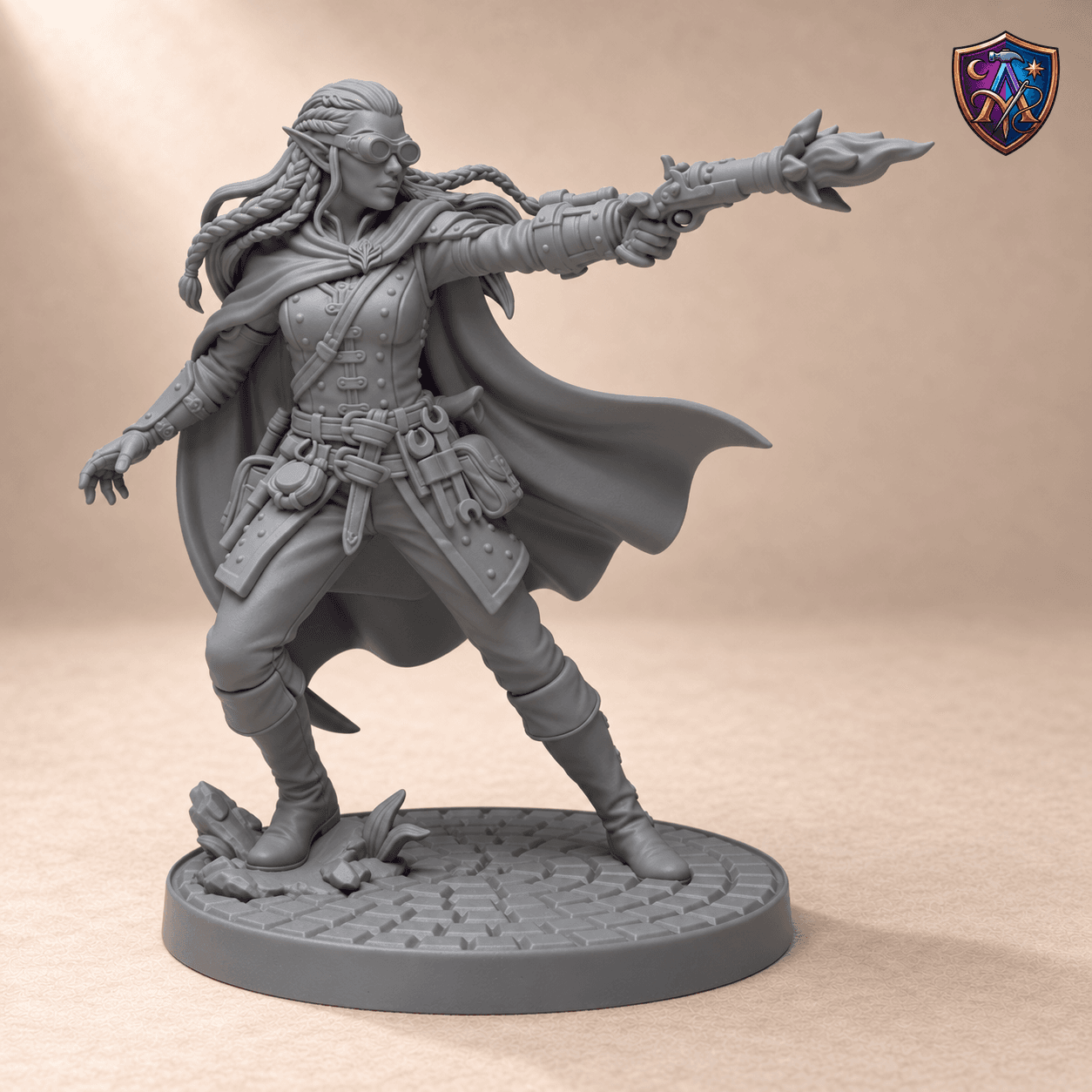 Digital product render of Elf Inventor with Goggles and Flintlock Pistol – Unpainted Resin Miniature, 32/54/75 mm Scale in unpainted grey