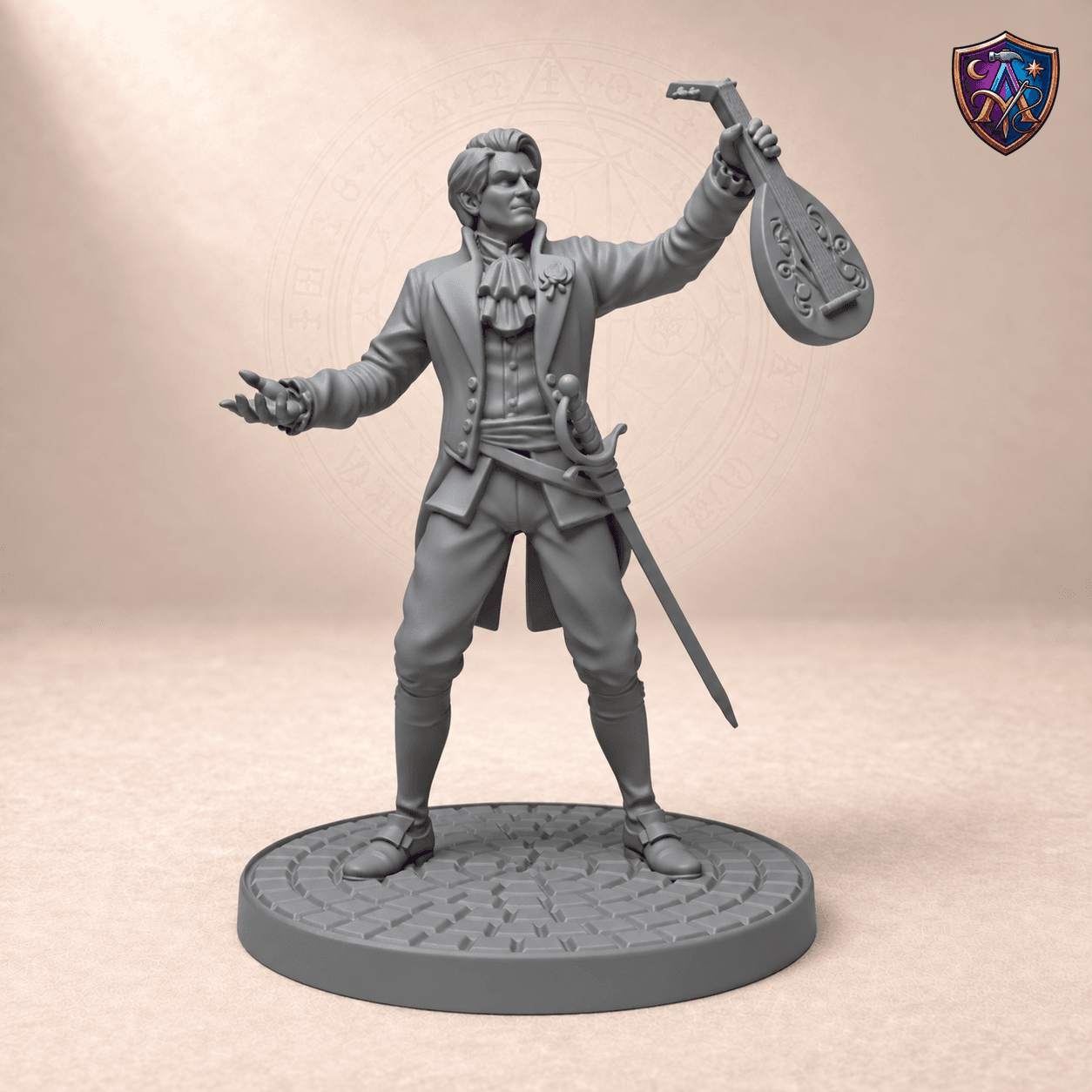 Digital product render of Human Bard with Raised Lute and Rapier – Unpainted Resin Miniature, 32/54/75 mm Scale in unpainted grey