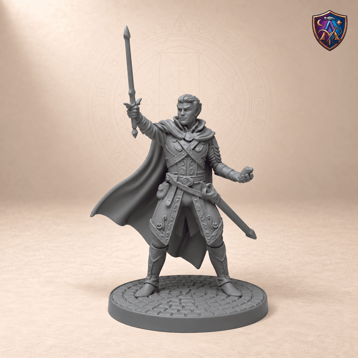 Digital product render of Elf Warlock with Raised Sword and Flowing Cloak – Unpainted Resin Miniature, 32/54/75 mm Scale in unpainted grey
