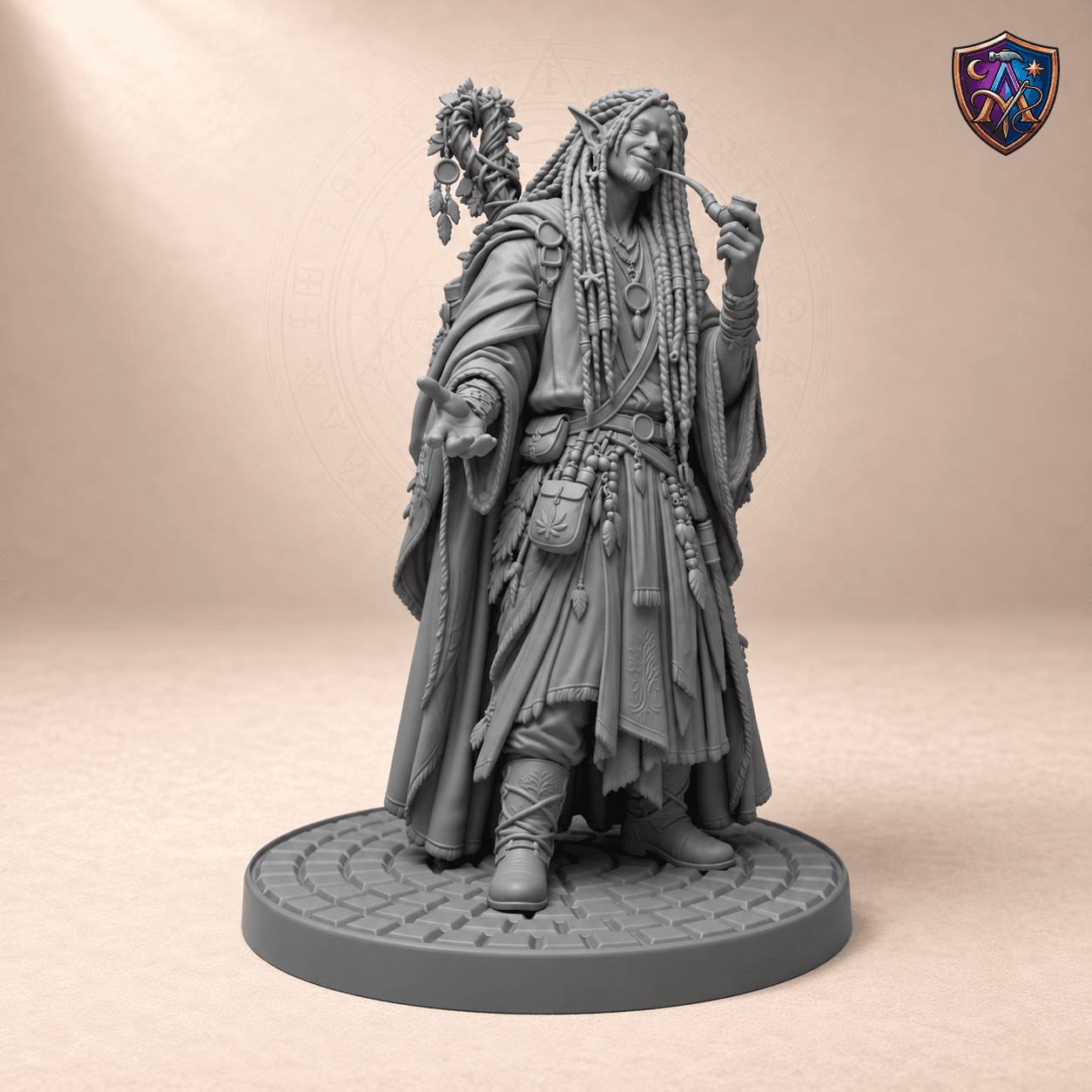 Digitaler Produkt-Render (1 von 2) von Elf-Druide mit Pfeife und Rankenstab in unbemaltem Dunkelgrau.