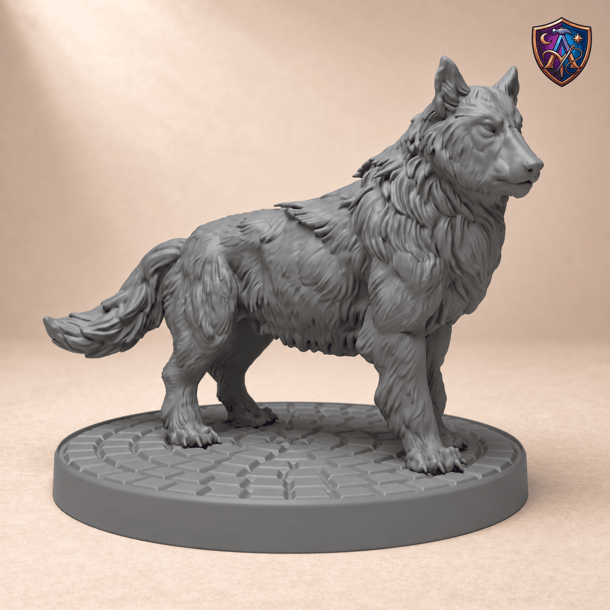 Produktansicht (1 von 4) / Product view von Schreckenswolf mit dichtem Fell und buschiger Rute; die Resin-Miniatur wird unbemalt geliefert / the resin miniature is supplied unpainted.