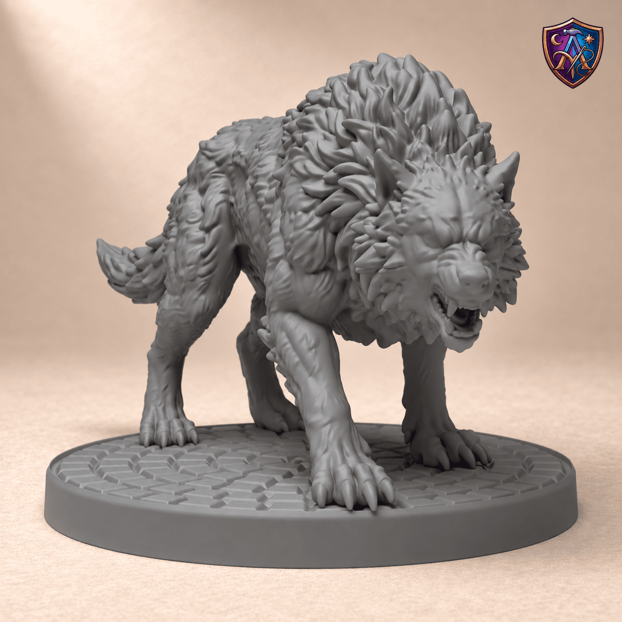 Produktansicht (1 von 4) / Product view von Schreckenswolf mit gefletschten Zähnen und gesträubtem Fell; die Resin-Miniatur wird unbemalt geliefert / the resin miniature is supplied unpainted.