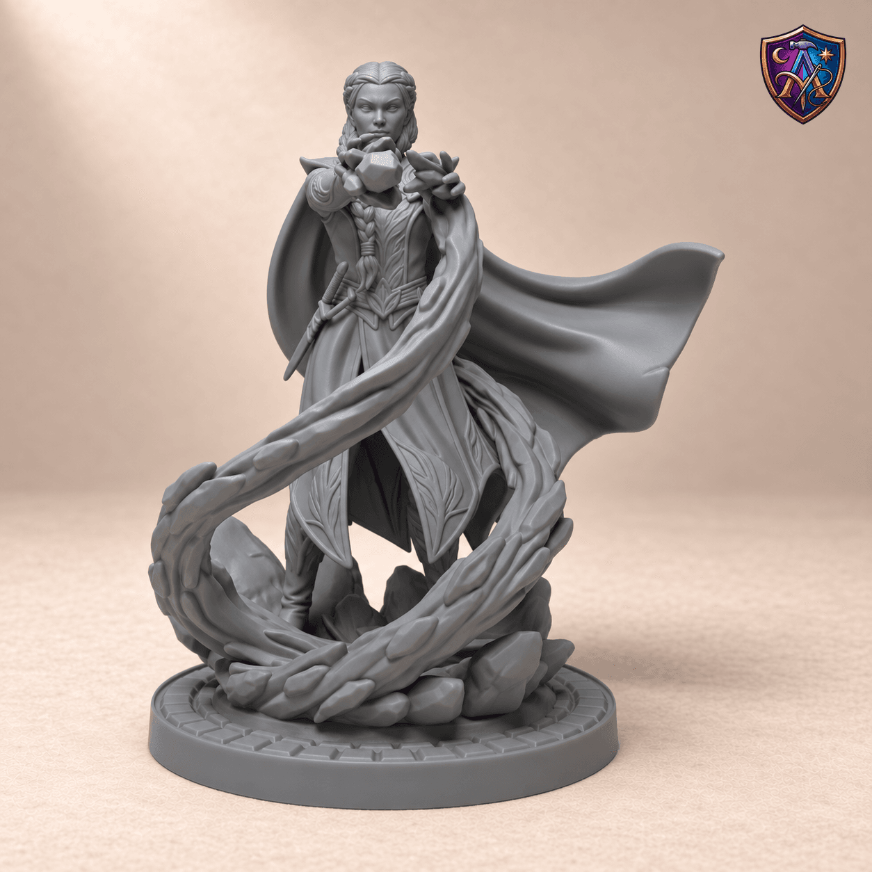 Digitaler Produkt-Render (1 von 2) von Elf-Zauberin mit Flammenspirale und Umhang in unbemaltem Dunkelgrau.