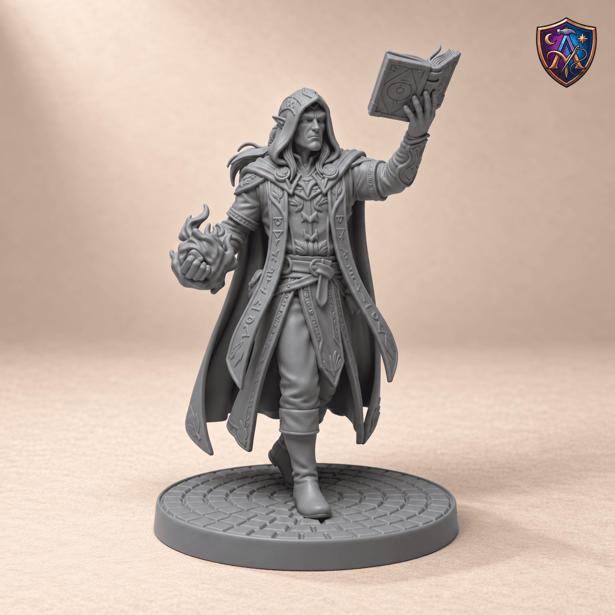 Digitaler Produkt-Render (1 von 2) von Elf-Hexenmeister mit Zauberbuch und Flammenfaust in unbemaltem Dunkelgrau.