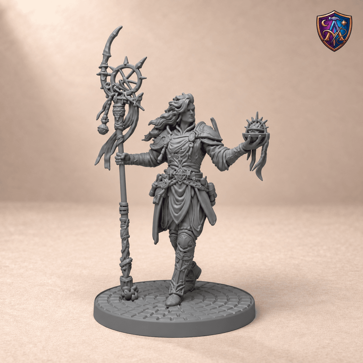 Digitaler Produkt-Render (1 von 2) von Halbelf-Magier mit Ringstab und Stachelkugel in unbemaltem Dunkelgrau.