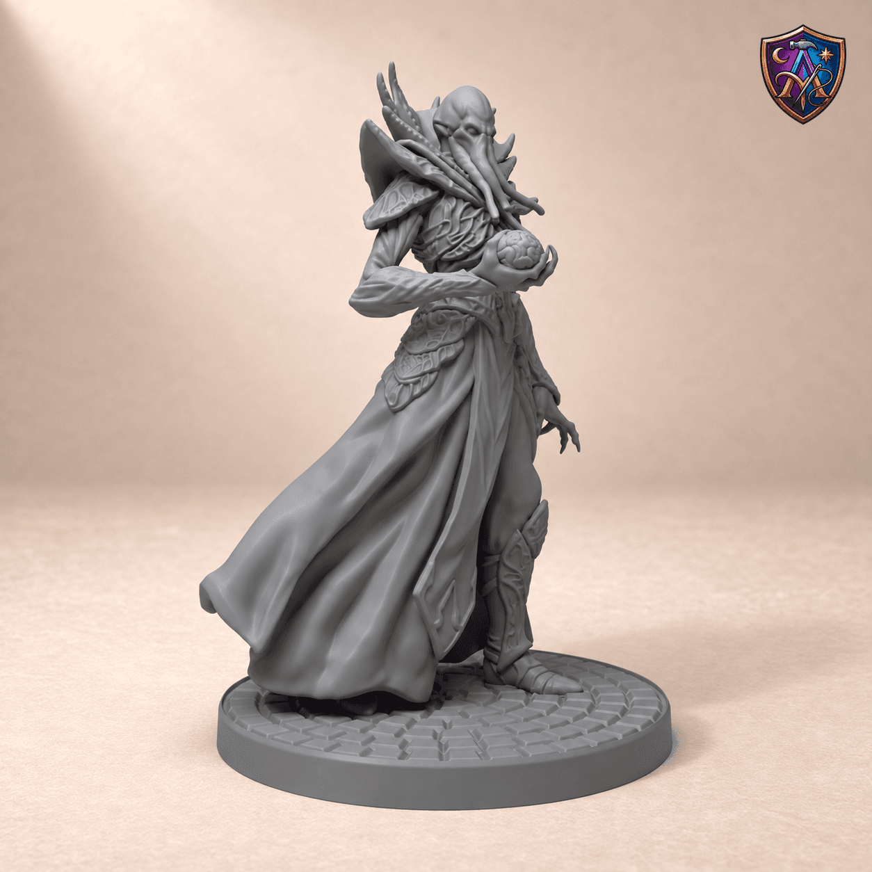 Produktansicht (1 von 4) / Product view von Aberration mit Tentakelgesicht und Gehirn in der Hand; die Resin-Miniatur wird unbemalt geliefert / the resin miniature is supplied unpainted.