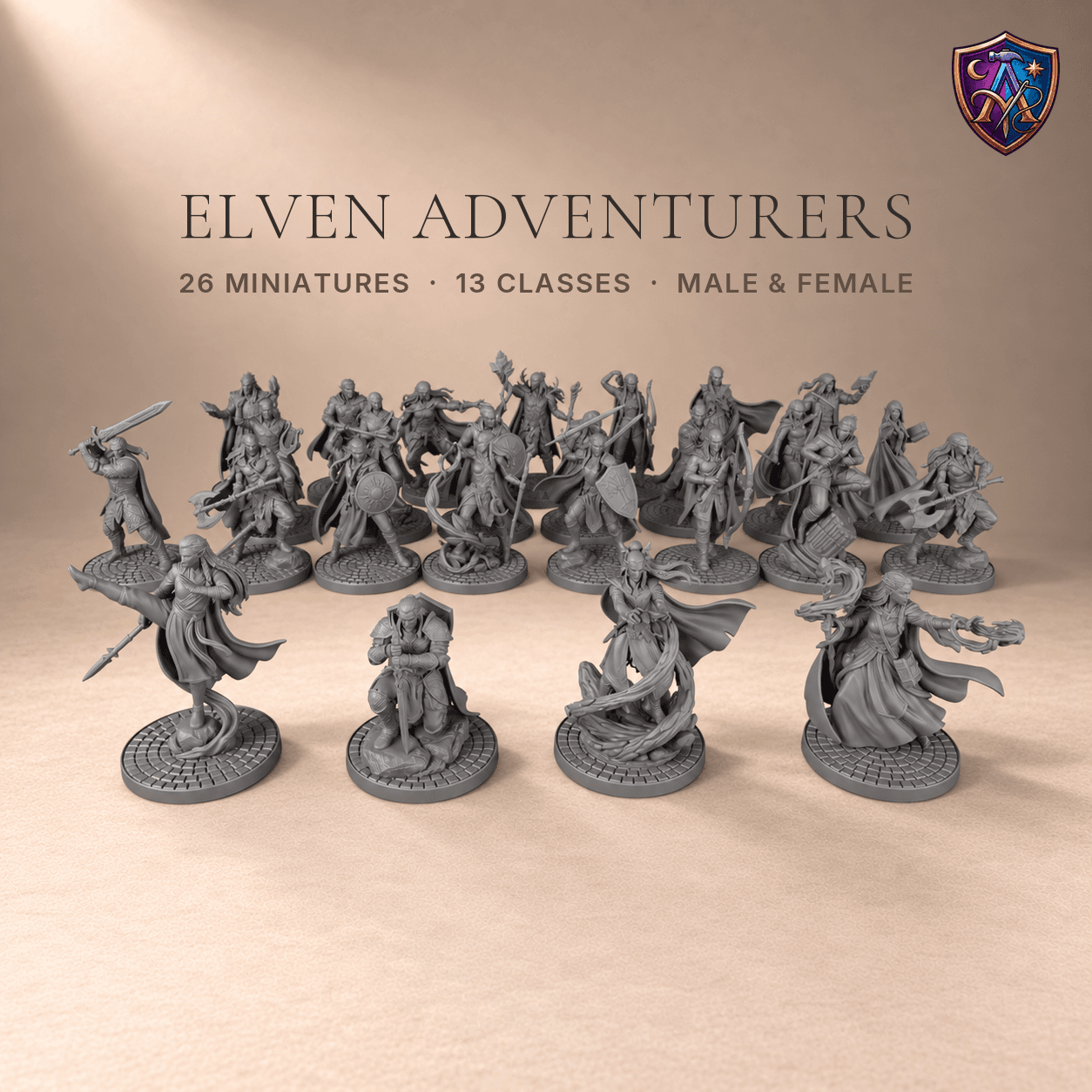 Digital product render of Elf Adventuring Party with All Thirteen Classes – Set of 26 Unpainted Resin Miniatures, 32 mm Scale in unpainted grey