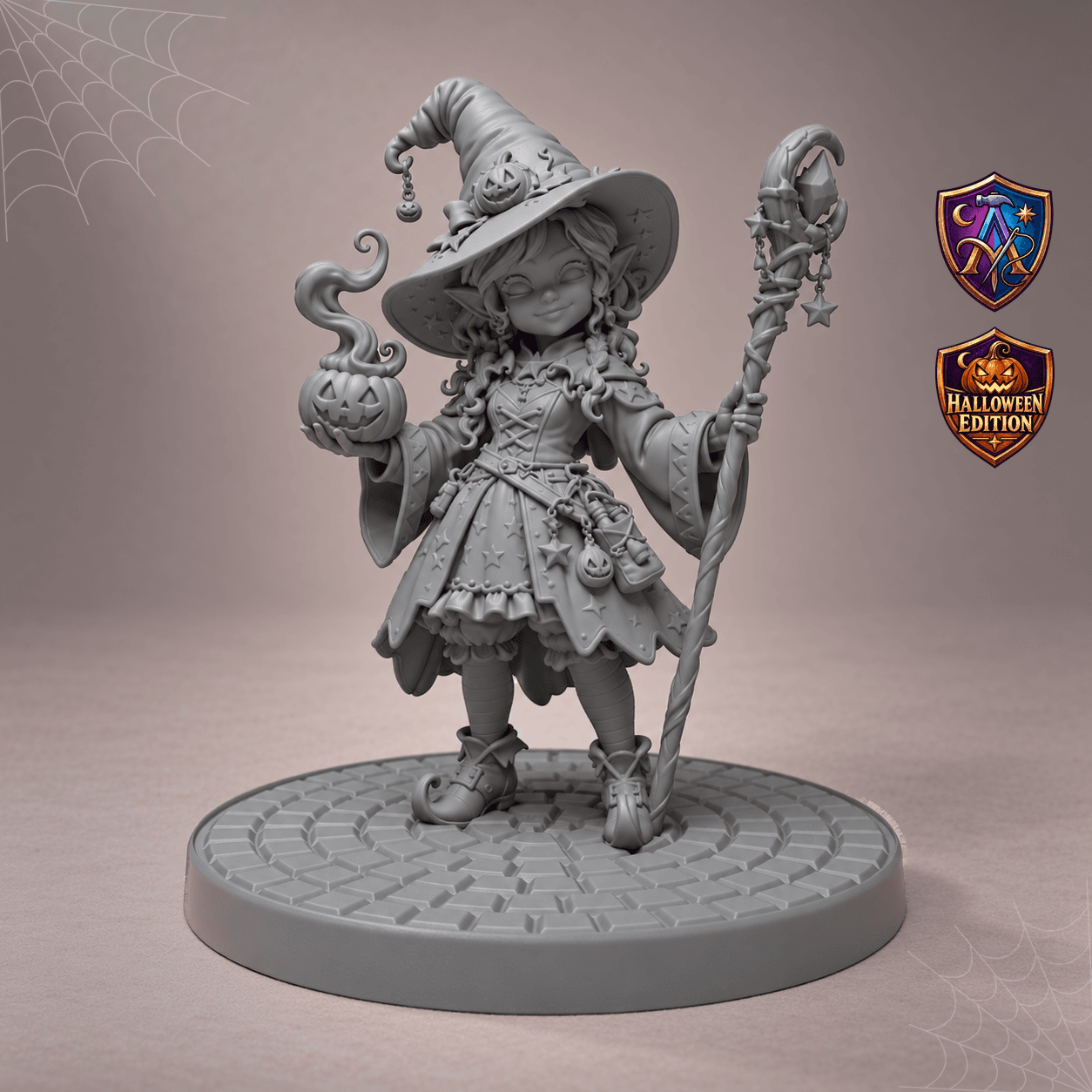 Digitaler Produkt-Render (1 von 2) von Gnom-Magierin mit Kürbislaterne und Sternenstab in unbemaltem Dunkelgrau.