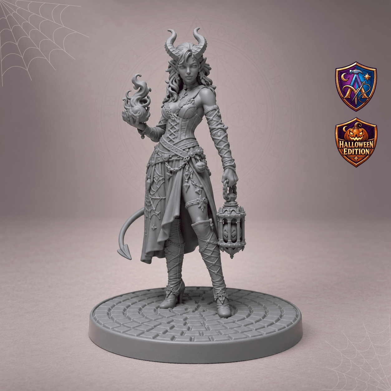 Digitaler Produkt-Render (1 von 2) von Tiefling-Hexenmeisterin mit Flamme und Kürbislaterne in unbemaltem Dunkelgrau.