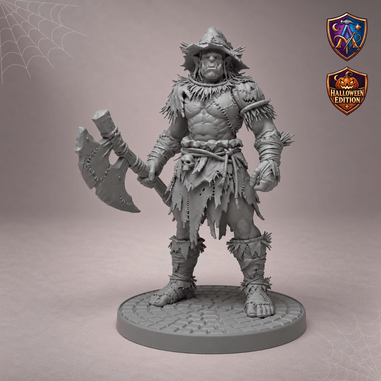 Digital product render of Scarecrow Half-Orc Barbarian with Greataxe – Unpainted Resin Miniature, 32/54/75 mm Scale in unpainted grey