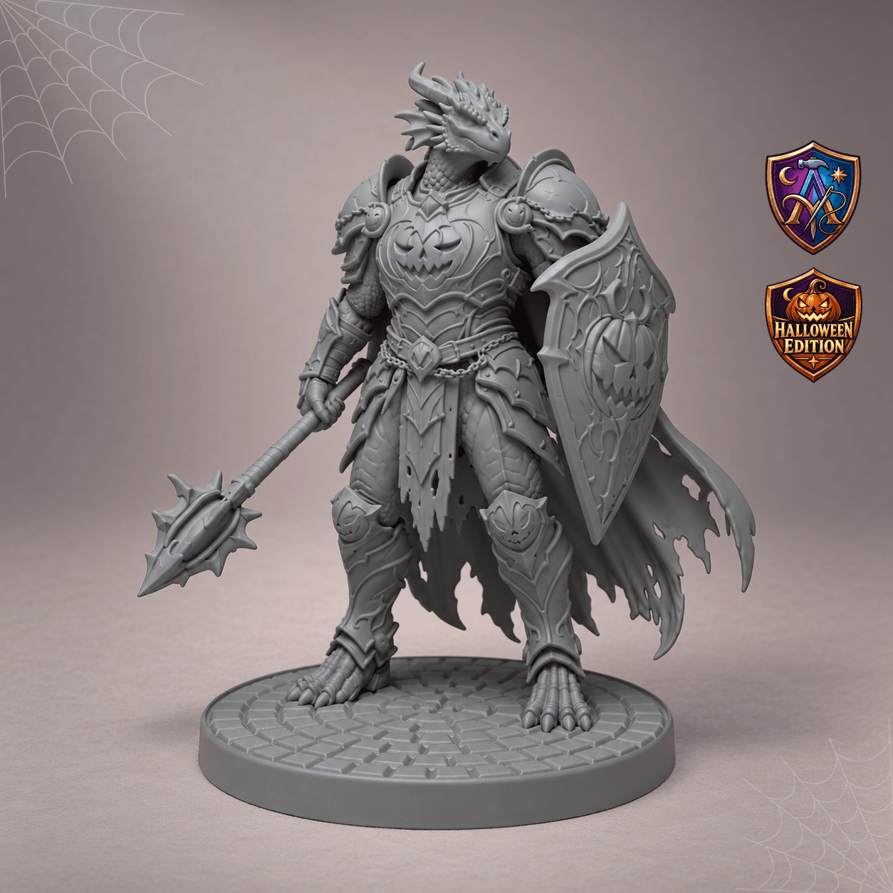 Digitaler Produkt-Render (1 von 2) von Dragonborn-Paladinin mit Streitkolben und Kürbisschild in unbemaltem Dunkelgrau.