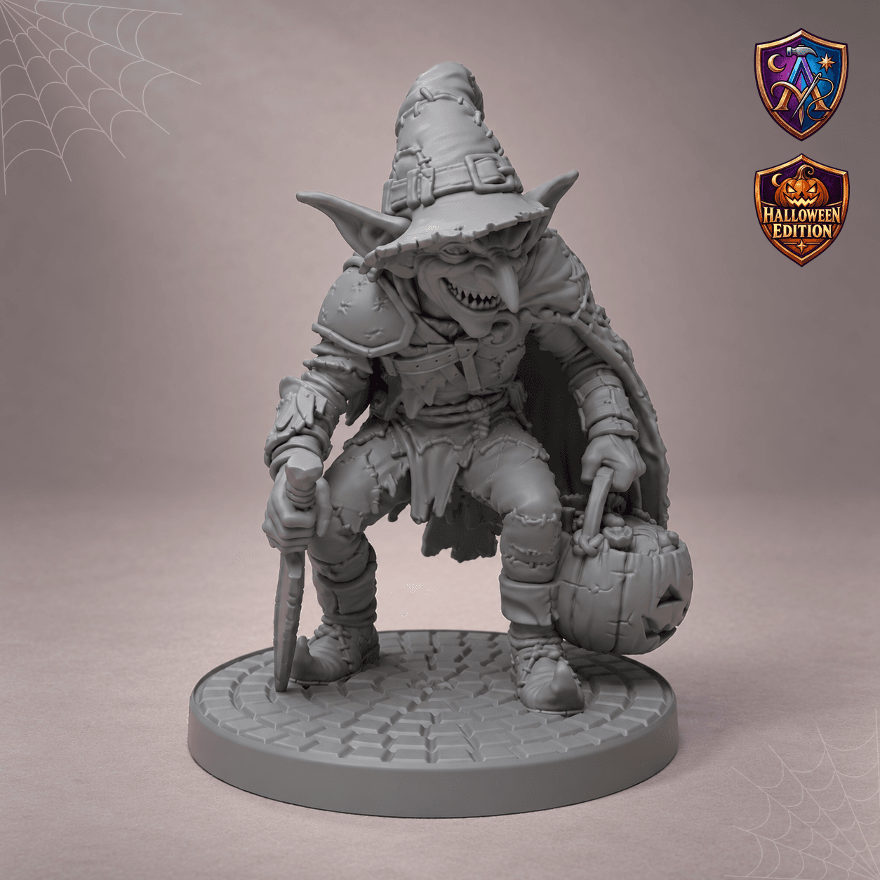 Produktansicht (1 von 4) / Product view von Goblin-Schurke mit Dolch und Kürbiskorb; die Resin-Miniatur wird unbemalt geliefert / the resin miniature is supplied unpainted.