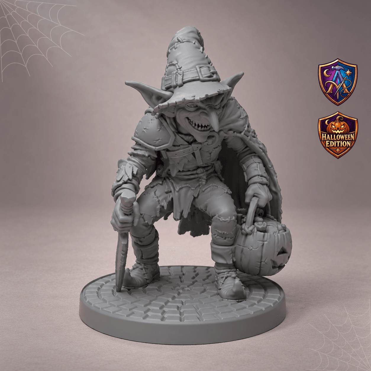 Produktansicht (1 von 4) / Product view von Goblin-Schurke mit Dolch und Kürbiskorb; die Resin-Miniatur wird unbemalt geliefert / the resin miniature is supplied unpainted.