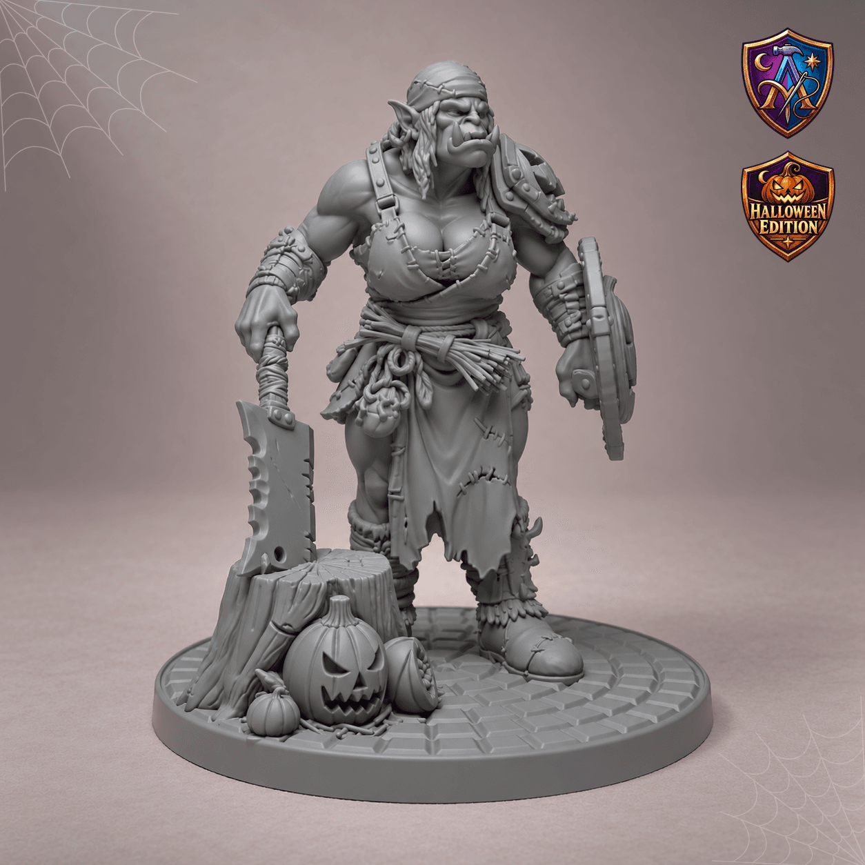 Orc Barbarian with Cleaver and Pumpkin Shield – Unpainted Resin Miniature, 32/54 mm Scale — image 1