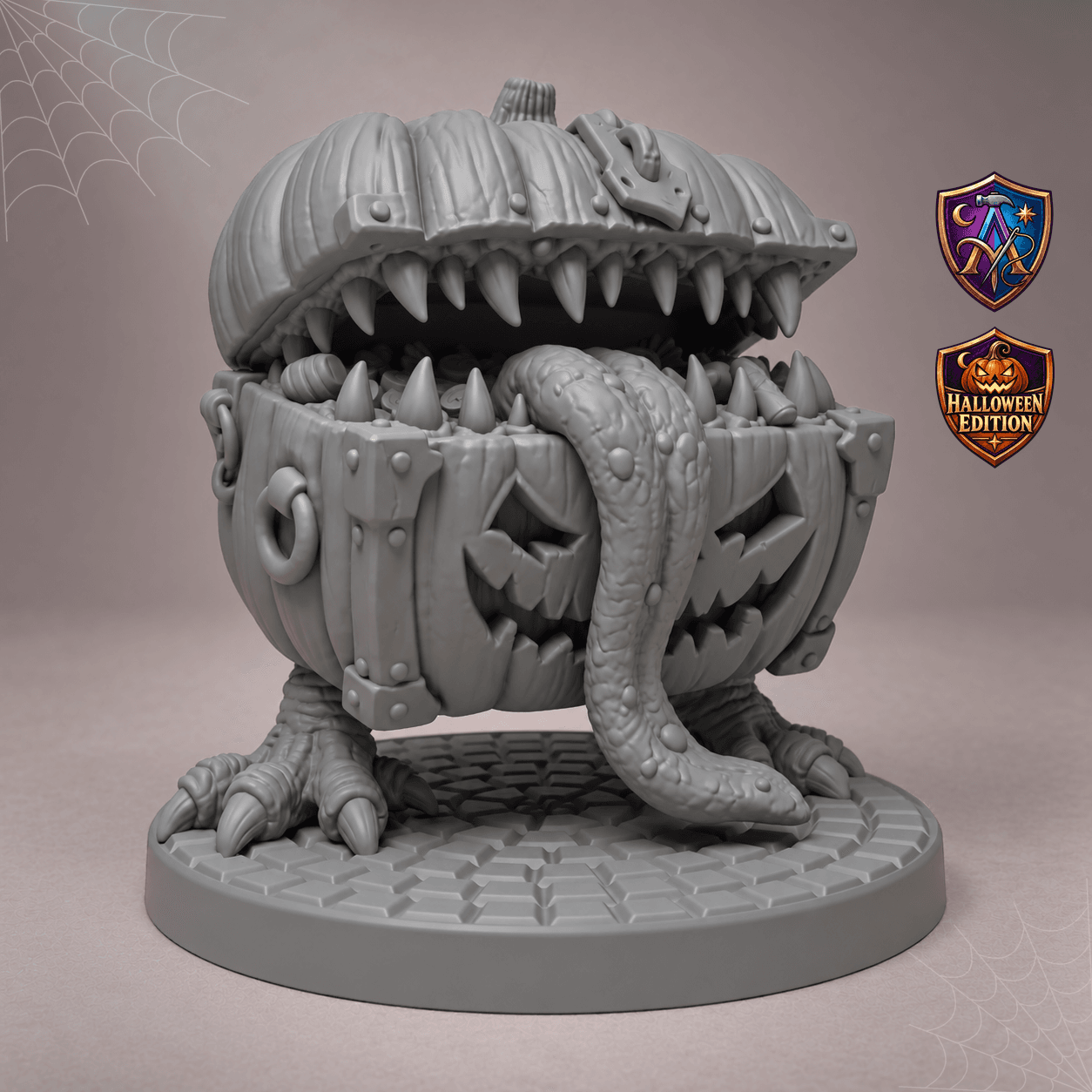 Produktansicht (1 von 4) / Product view von Kürbistruhen-Mimic mit langer Zunge und Krallenfüßen; die Resin-Miniatur wird unbemalt geliefert / the resin miniature is supplied unpainted.
