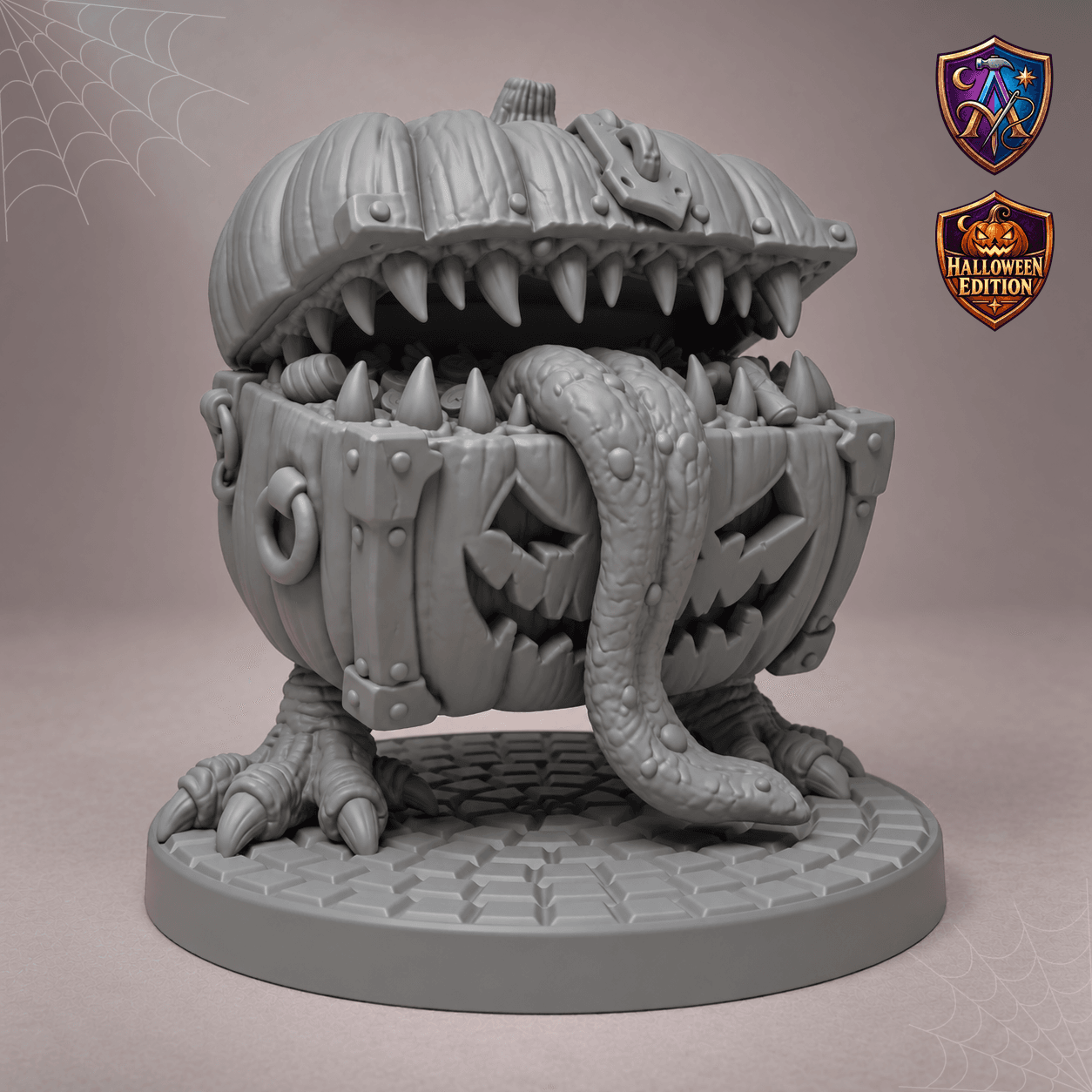 Produktansicht (1 von 4) / Product view von Kürbistruhen-Mimic mit langer Zunge und Krallenfüßen; die Resin-Miniatur wird unbemalt geliefert / the resin miniature is supplied unpainted.