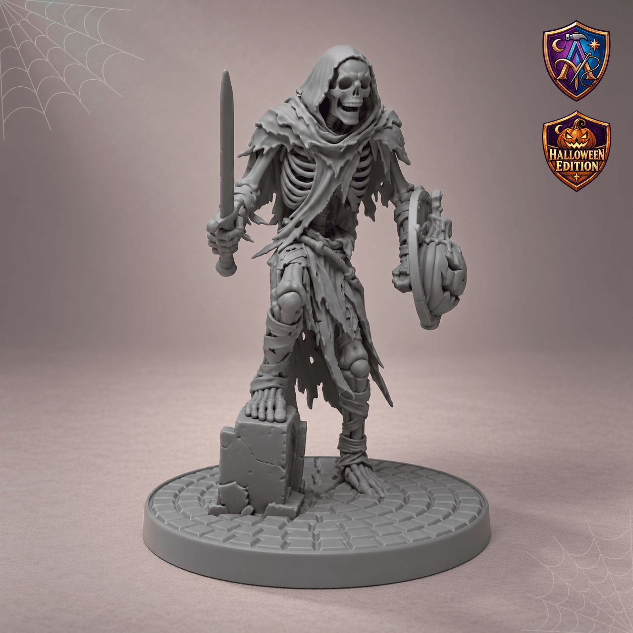 Produktansicht (1 von 4) / Product view von Skelett-Krieger mit Schwert und Kürbisschild; die Resin-Miniatur wird unbemalt geliefert / the resin miniature is supplied unpainted.