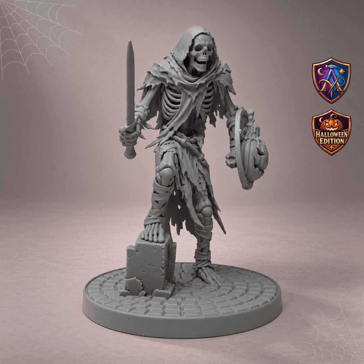 Produktansicht (1 von 4) / Product view von Skelett-Krieger mit Schwert und Kürbisschild; die Resin-Miniatur wird unbemalt geliefert / the resin miniature is supplied unpainted.