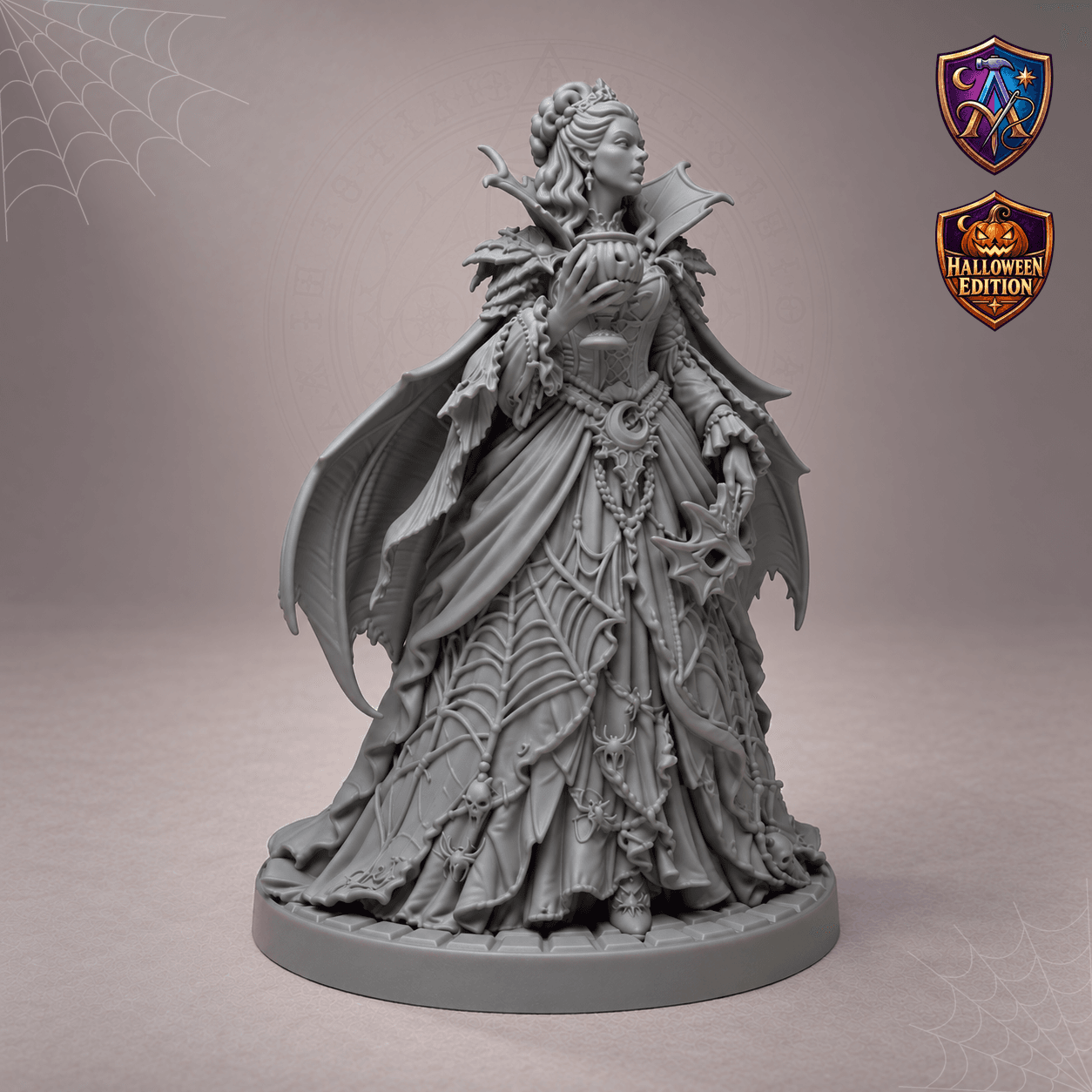 Produktansicht (1 von 4) / Product view von Vampir-Zauberin mit Fledermausflügeln und Kürbiskelch; die Resin-Miniatur wird unbemalt geliefert / the resin miniature is supplied unpainted.