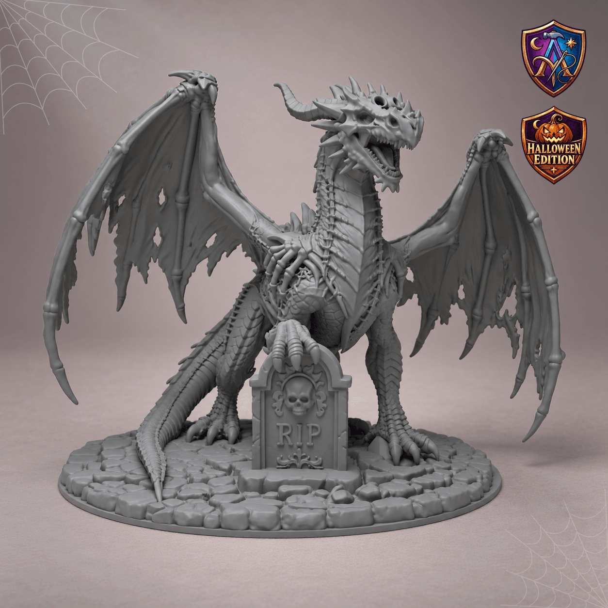 Skeleton Dragon with Tattered Wings at a Gravestone with Skull – Miniature for DnD & Tabletop RPG, 32 mm, unpainted, Resin — image 1