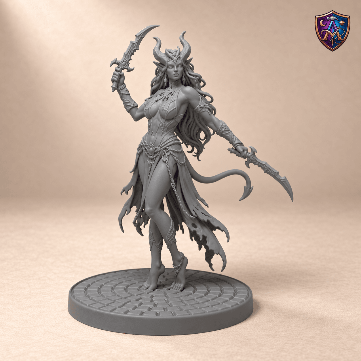Digitaler Produkt-Render (1 von 2) von Tiefling-Hexenmeisterin mit zwei Sichelklingen in unbemaltem Dunkelgrau.