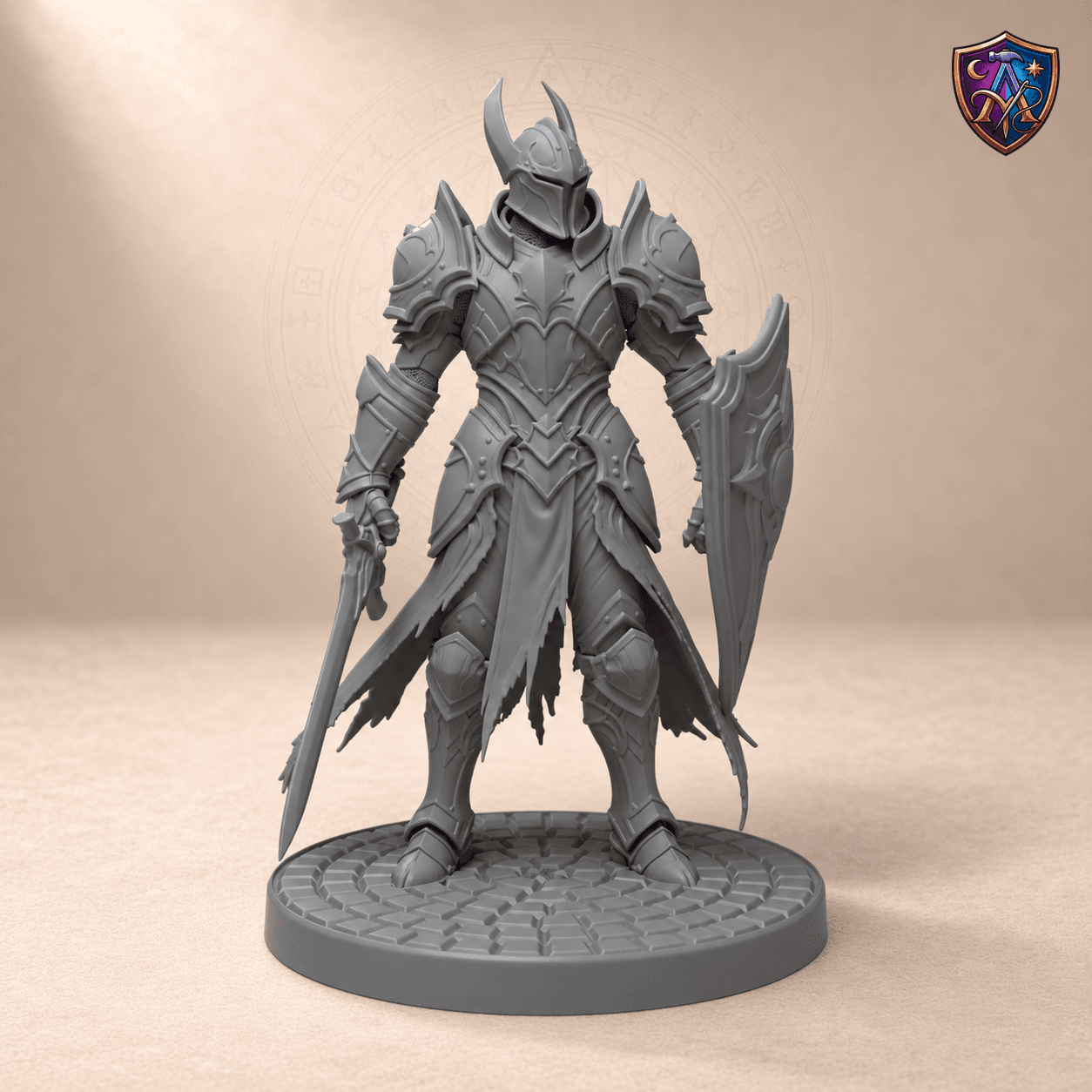 Produktansicht (1 von 4) / Product view von Konstrukt-Krieger mit Schwert und Wappenschild; die Resin-Miniatur wird unbemalt geliefert / the resin miniature is supplied unpainted.