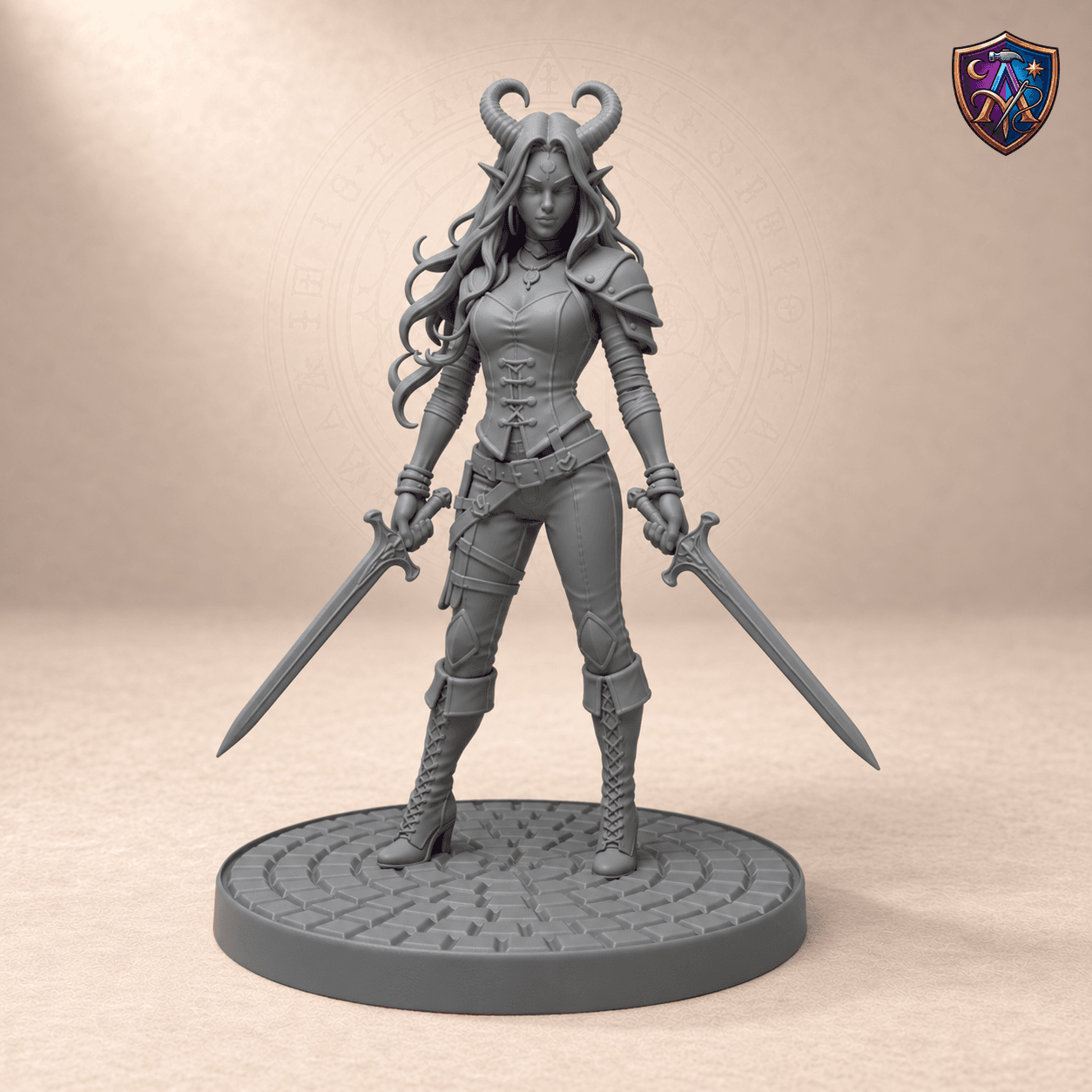 Digitaler Produkt-Render (1 von 2) von Tiefling-Kriegerin mit zwei Schwertern in unbemaltem Dunkelgrau.