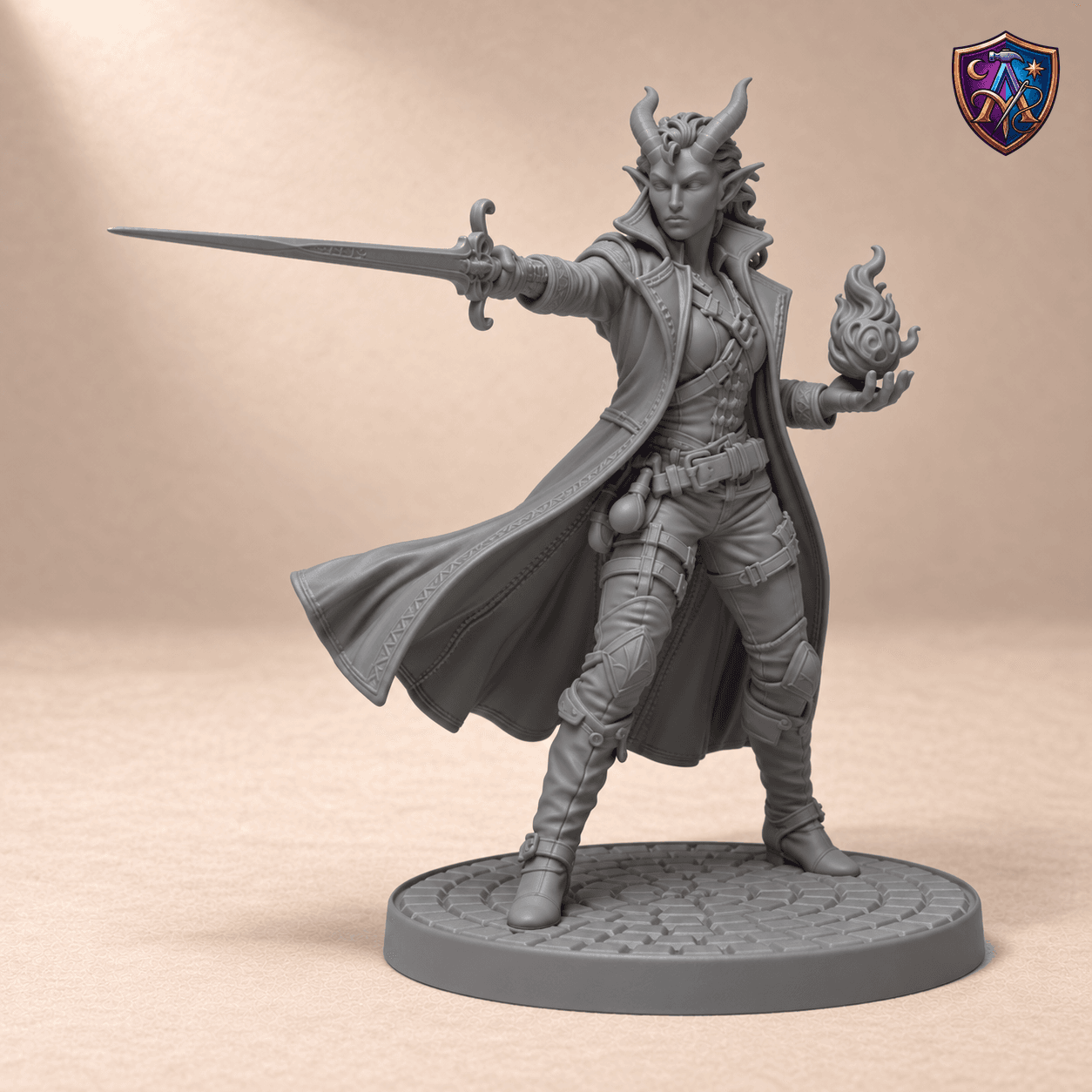 Digitaler Produkt-Render (1 von 2) von Tiefling-Hexenmeisterin mit Rapier und Flamme in unbemaltem Dunkelgrau.