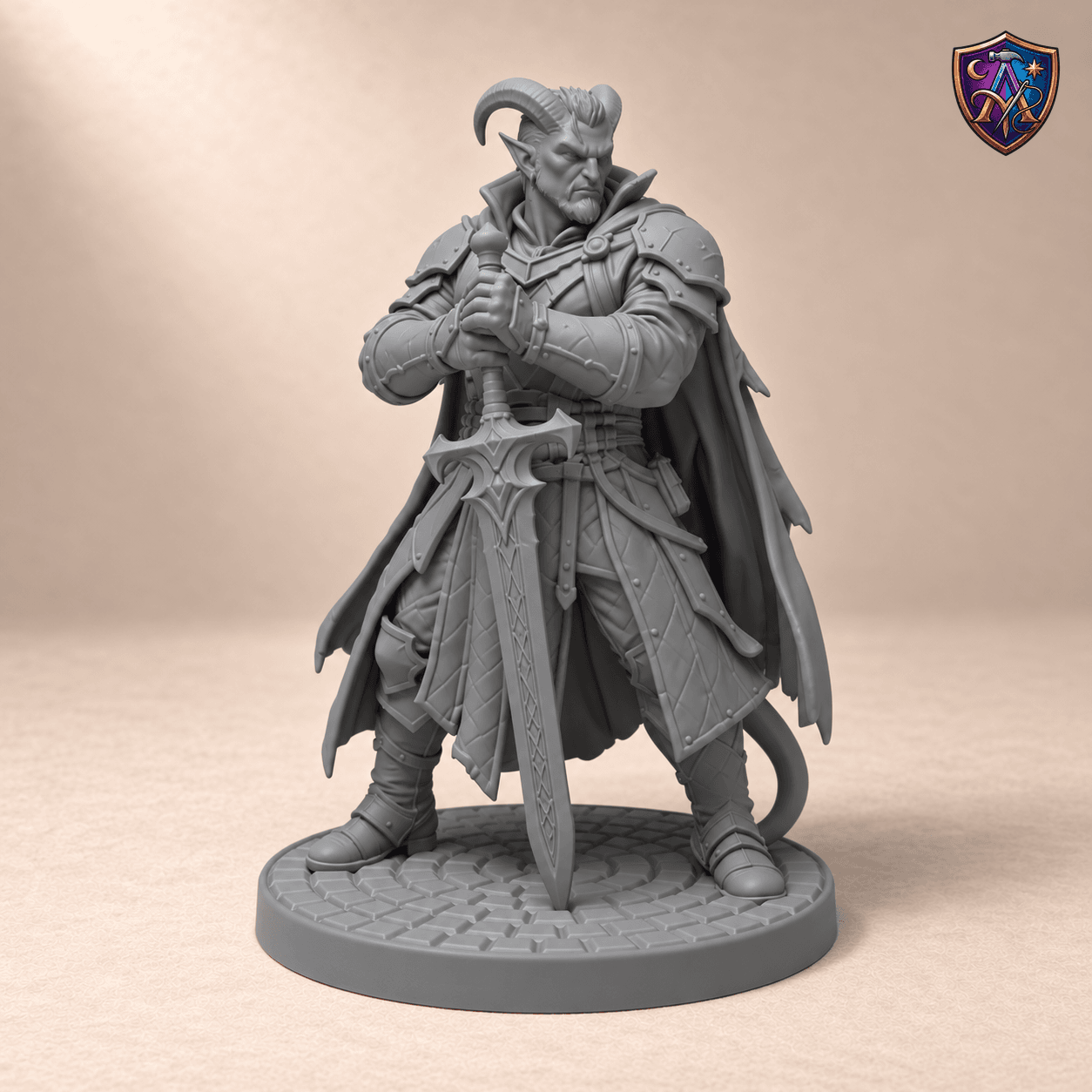 Digital product render of Tiefling Warlock with Lowered Longsword – Unpainted Resin Miniature, 32/54/75 mm Scale in unpainted grey
