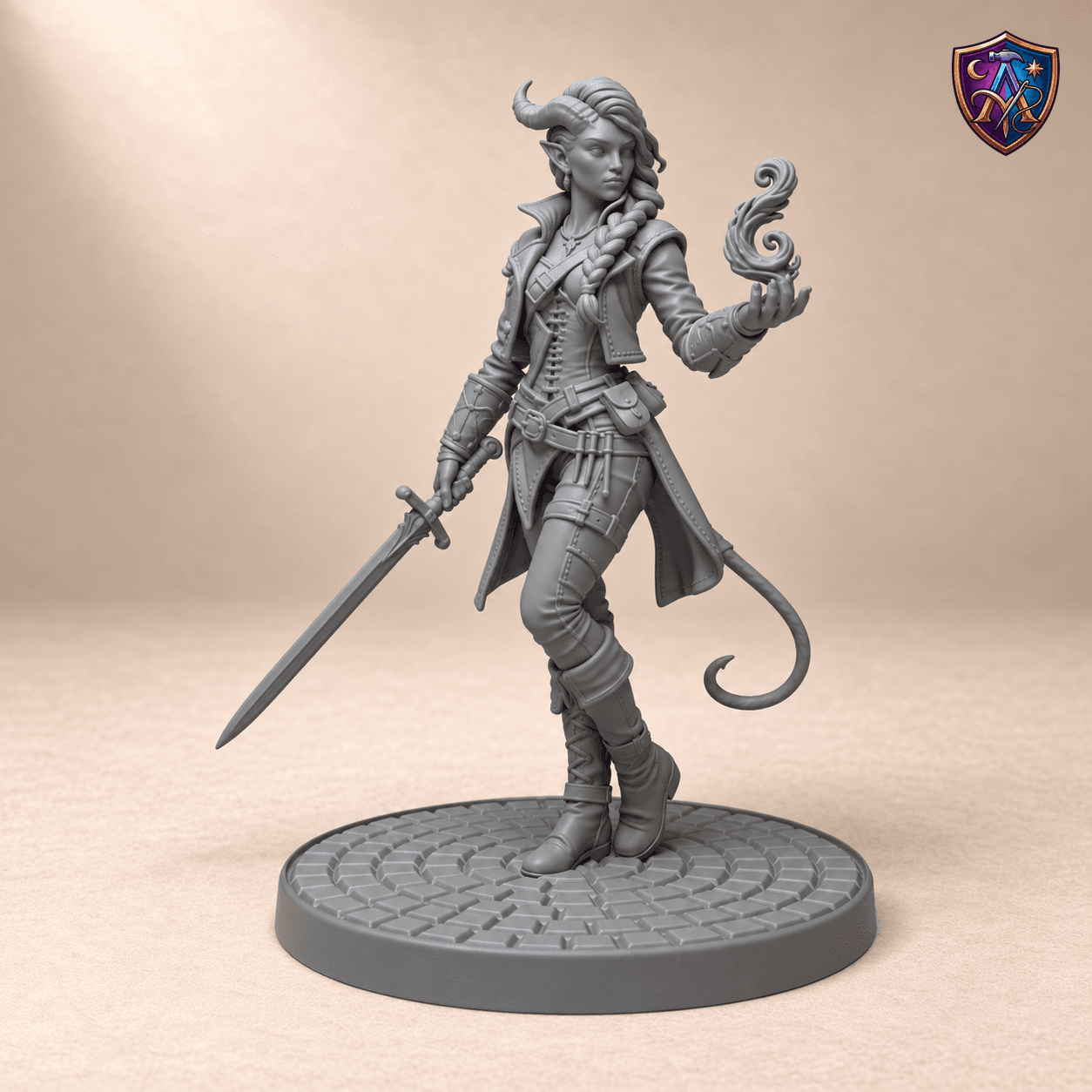 Digitaler Produkt-Render (1 von 2) von Tiefling-Schurkin mit Schwert und Flamme in der Hand in unbemaltem Dunkelgrau.