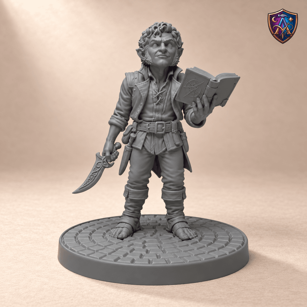 Digital product render of Halfling Rogue with Curved Dagger and Open Book – Unpainted Resin Miniature, 32/54/75 mm Scale in unpainted grey