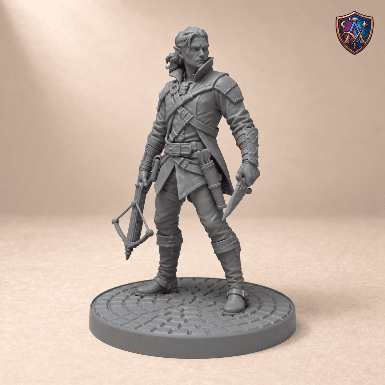 Digitaler Produkt-Render (1 von 2) von Halbelf-Schurke mit Handarmbrust und Dolch in unbemaltem Dunkelgrau.