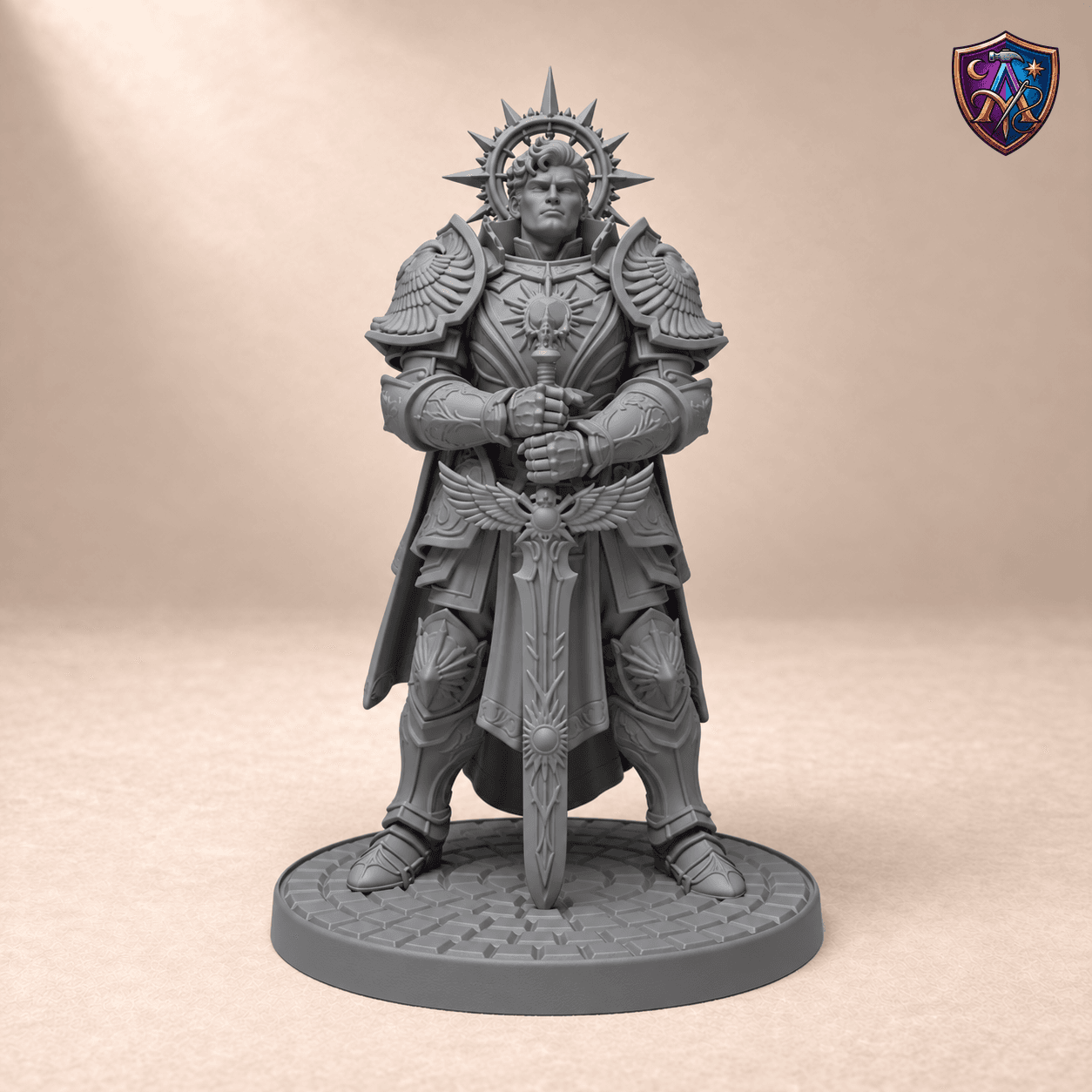 Digitaler Produkt-Render (1 von 2) von Aasimar-Paladin mit Langschwert und Strahlenkranz in unbemaltem Dunkelgrau.