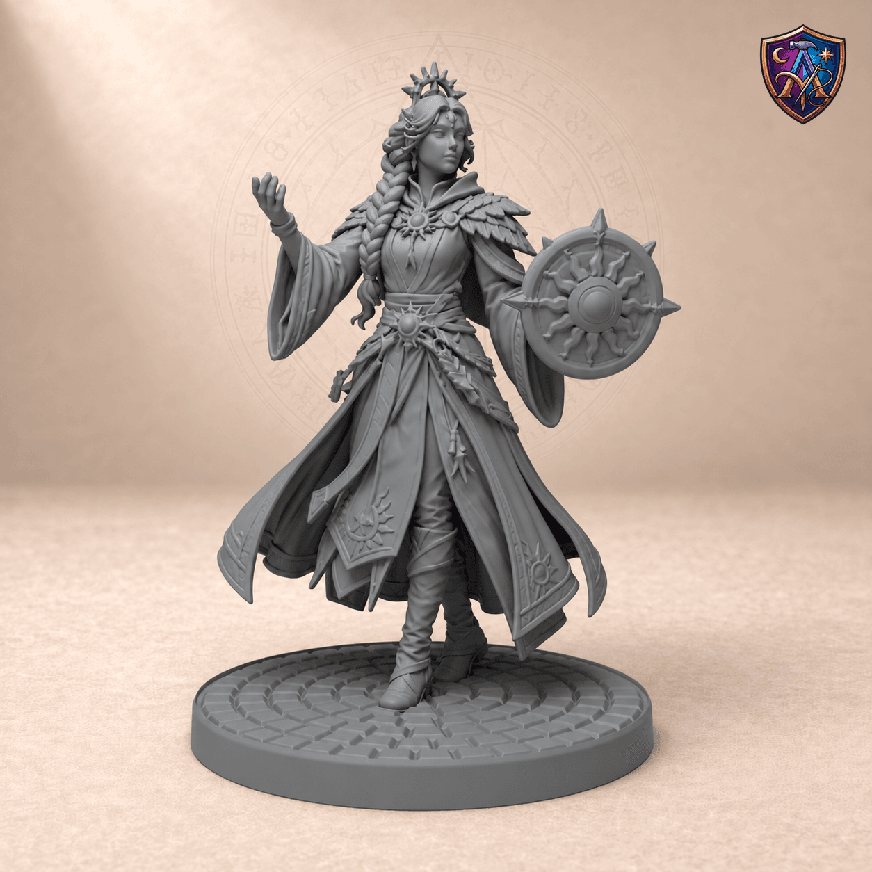 Digital product render of Aasimar Sorcerer with Sun Shield and Radiant Crown – Unpainted Resin Miniature, 32/54/75 mm Scale in unpainted grey