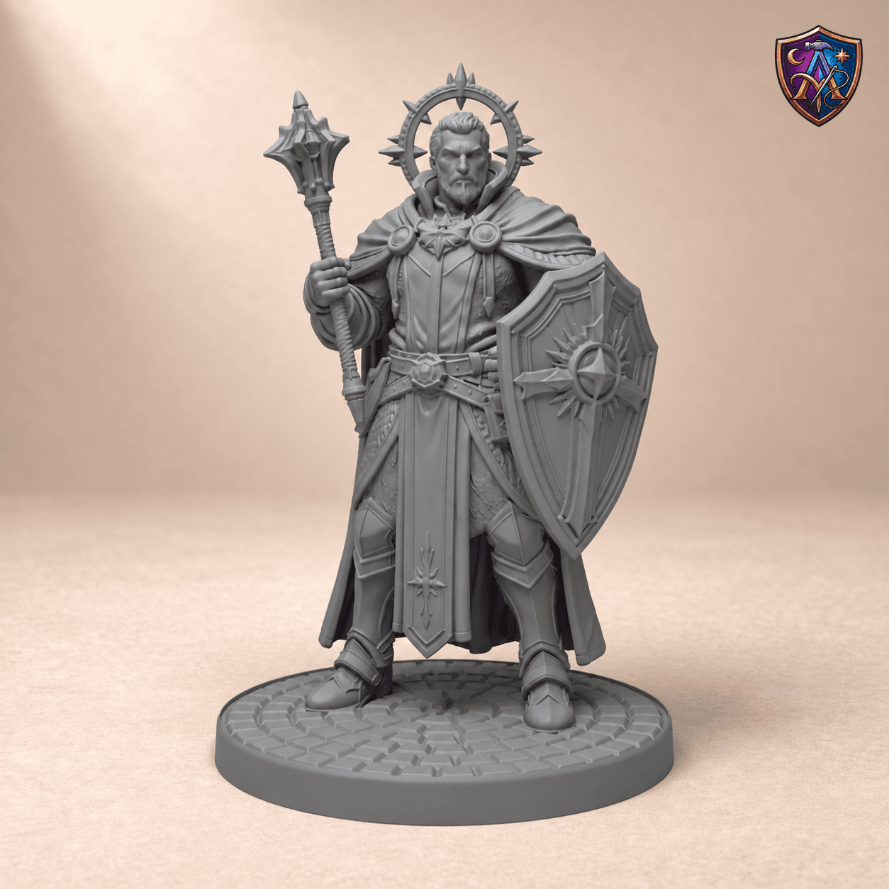 Digitaler Produkt-Render (1 von 2) von Aasimar-Kleriker mit Streitkolben und Sonnenschild in unbemaltem Dunkelgrau.