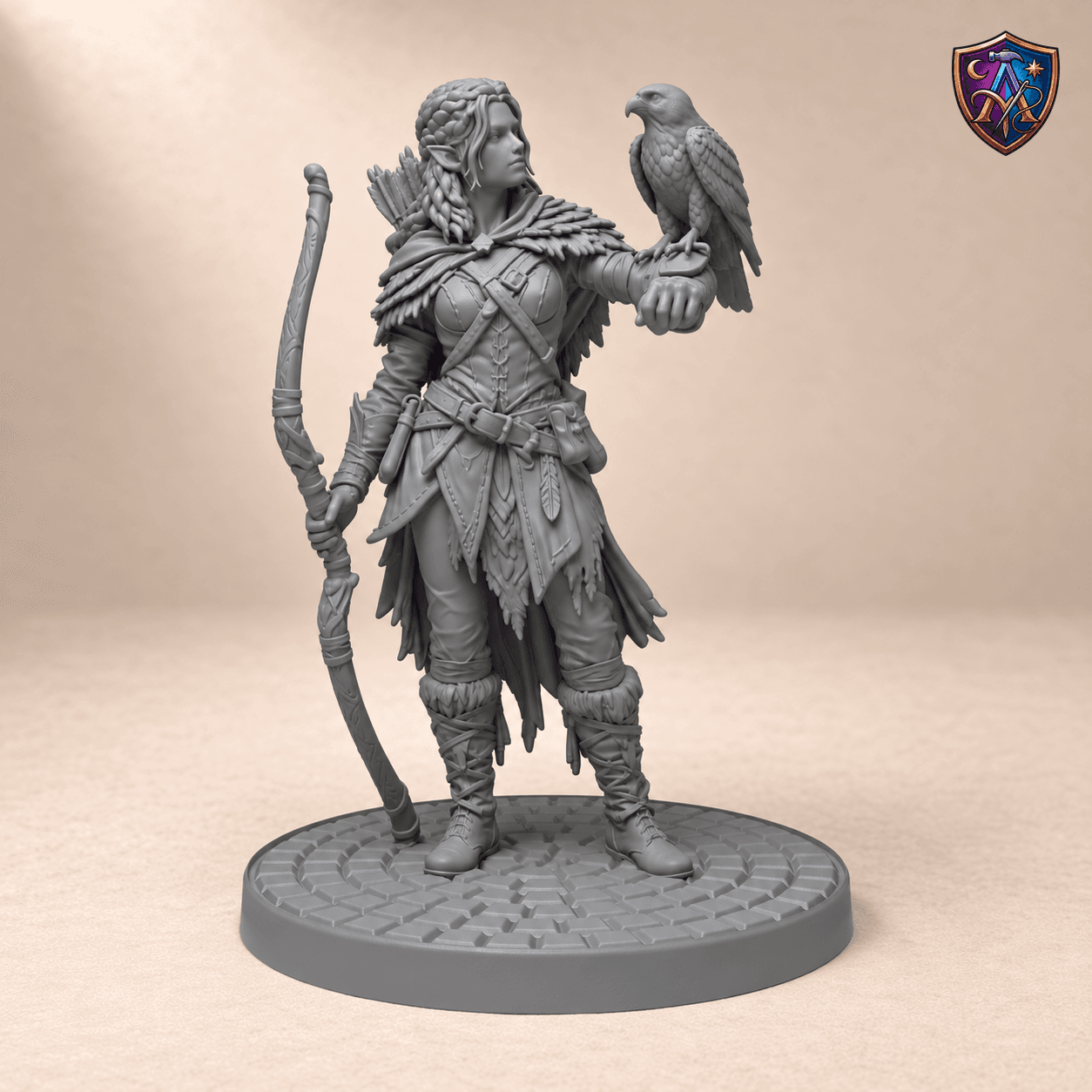 Digitaler Produkt-Render (1 von 2) von Halbelf-Waldläuferin mit Langbogen und Falke in unbemaltem Dunkelgrau.