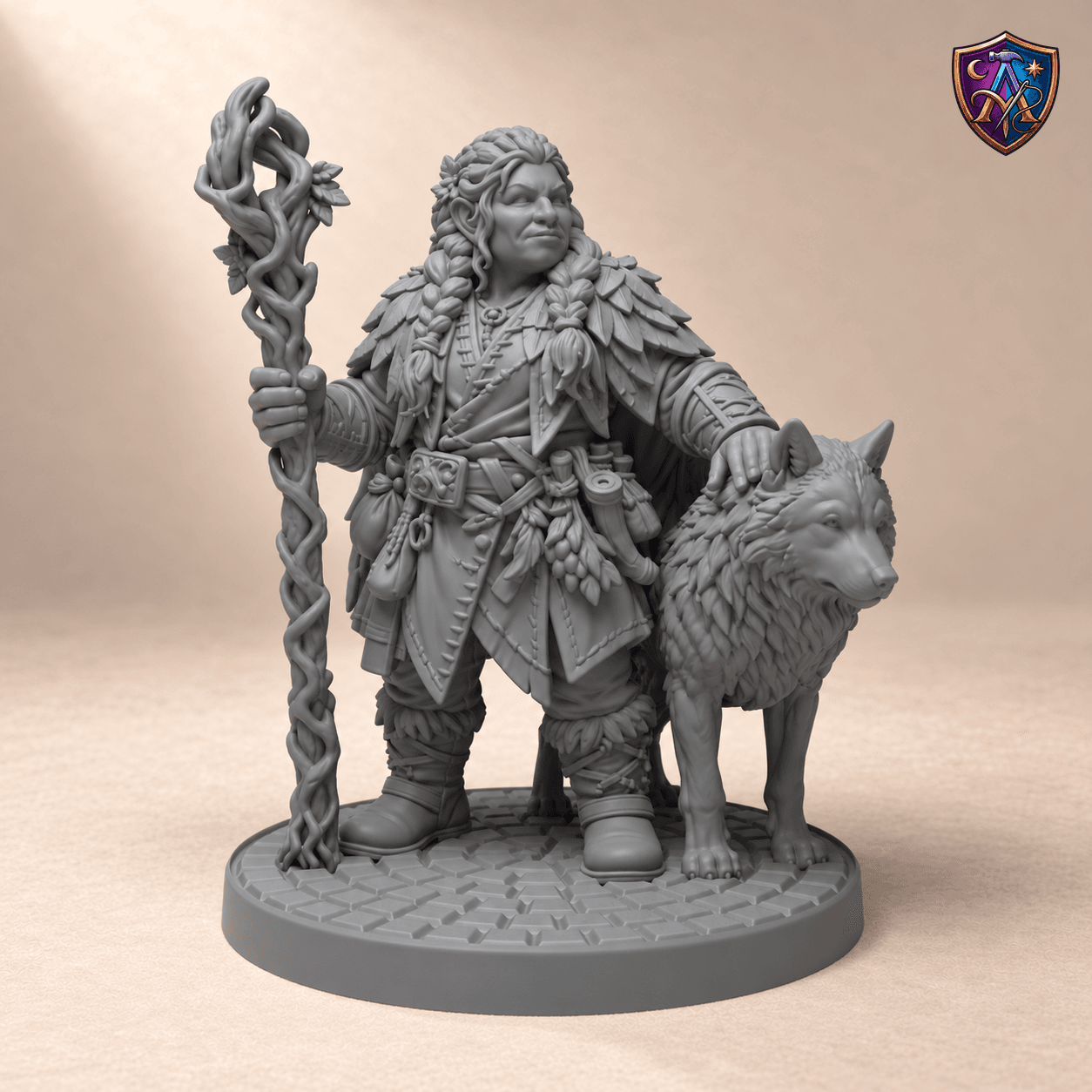 Digitaler Produkt-Render (1 von 2) von Zwerg-Druidin mit Rankenstab und Wolf in unbemaltem Dunkelgrau.